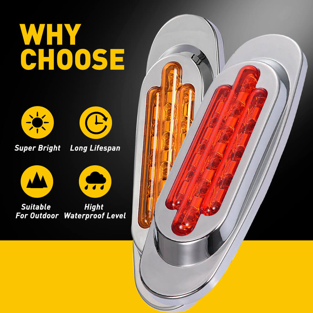 2PCS 16-LED Oval Side Marker Lights with Chrome Bezel - 12V Waterproof Clearance Lights for Heavy Duty Trucks & Semi Trailers - Ideal for Night Driving & Road Safety
