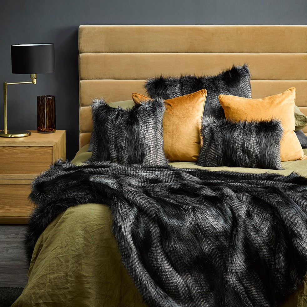 Premium Heirloom Euro Cushion with Feather Inner - Black Coyote Fur | Luxury Home Decor for Sofa, Bed & Living Room