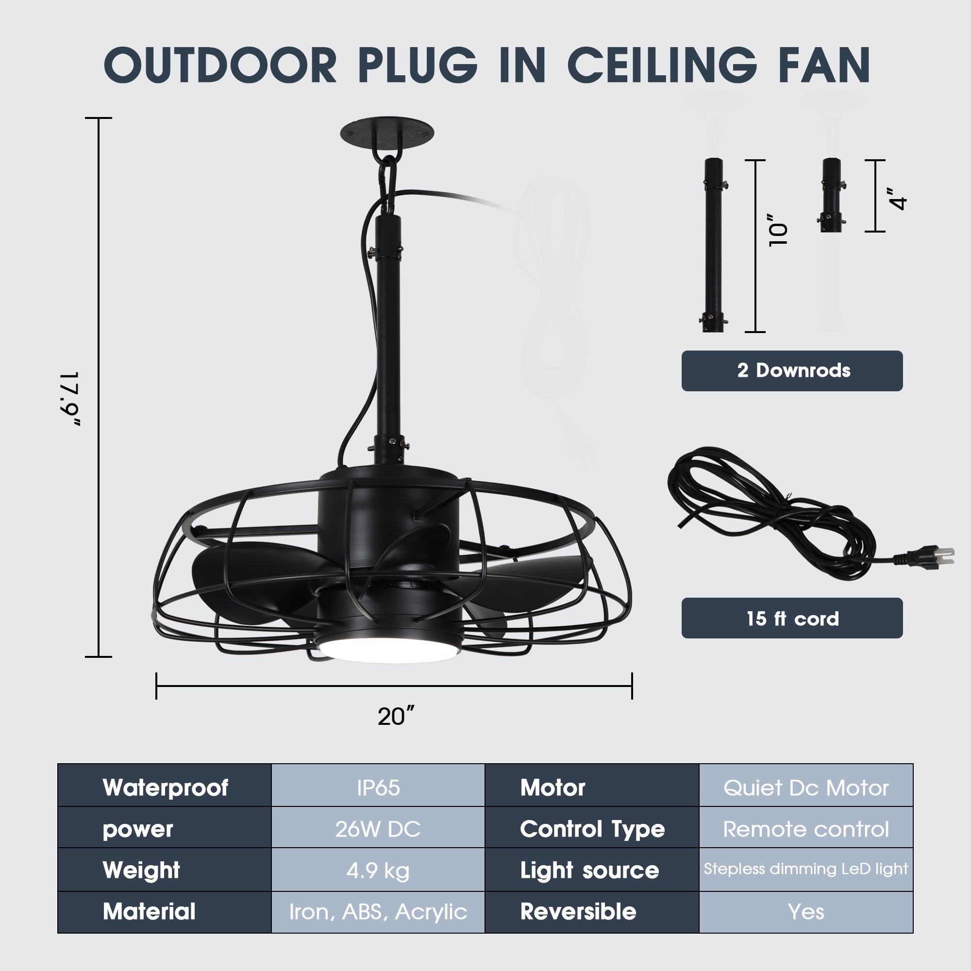 20 Inch Vistula Outdoor Ceiling Fan with Light - Black Industrial Style, DC Motor, Hanging Buckle Downrod - Perfect for Patio, Deck, and Covered Porch Cooling
