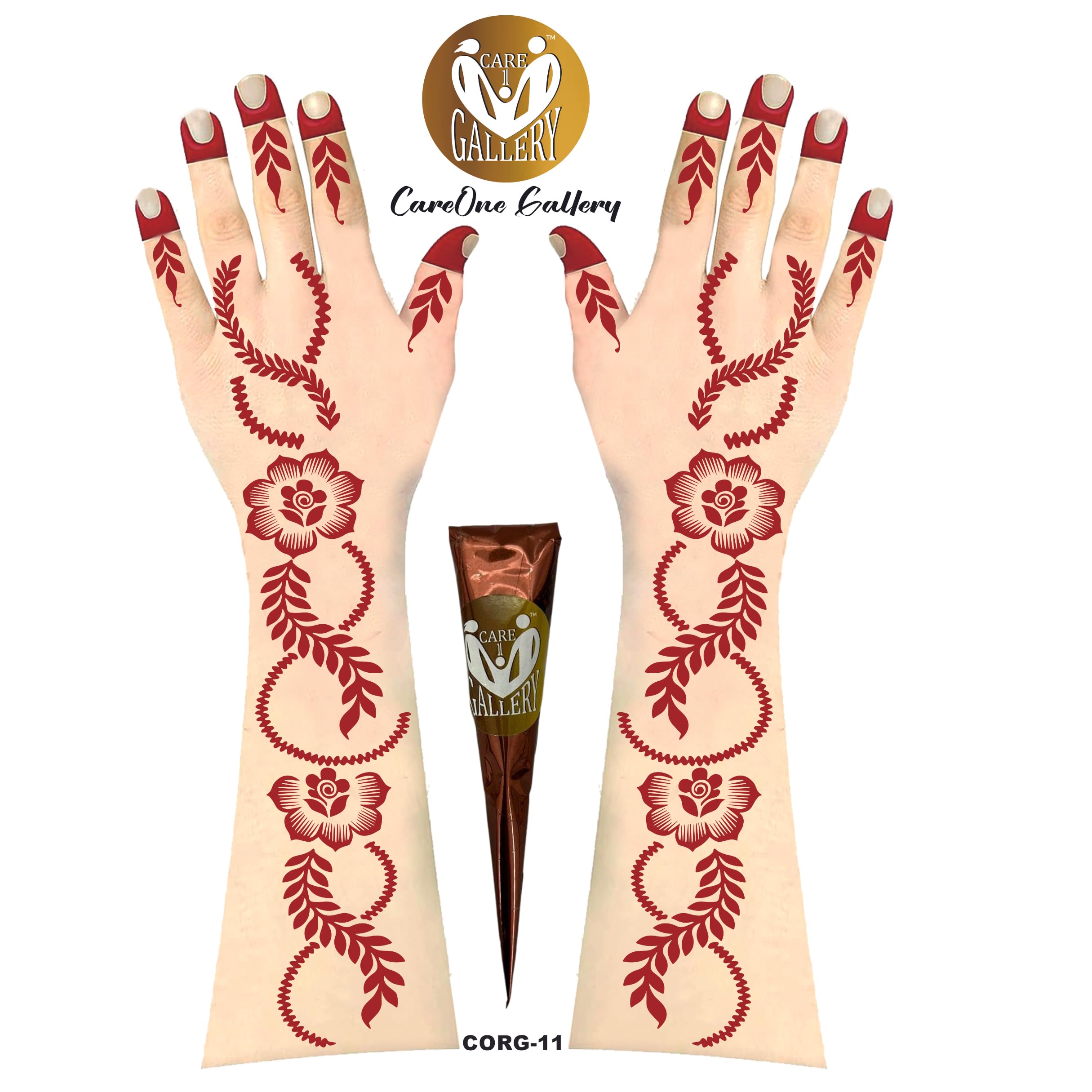 CareOne Gallery Arabic Design Mehandi Art Stickers - Set of 1 Piece for Both Hands with Instant Henna Cone | Temporary Henna Tattoo Stencils for Women, Girls & Kids | Perfect for Weddings, Festivals & DIY Body Art