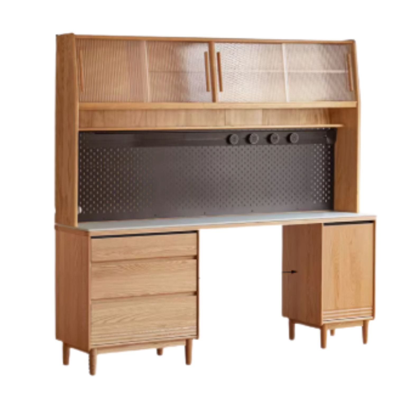 82.7x17.7x73.4 inch / 210.4x45x186.5 cm / Natural wood color / Oak rock board sideboard + upper shelf + Bull electric rail