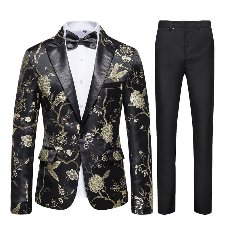 Stylish Men's 2-Piece Suit Set with Floral Bird Embroidery - Formal Blazer & Pants with Bow Tie for Wedding, Prom, Dinner Party & Special Occasions