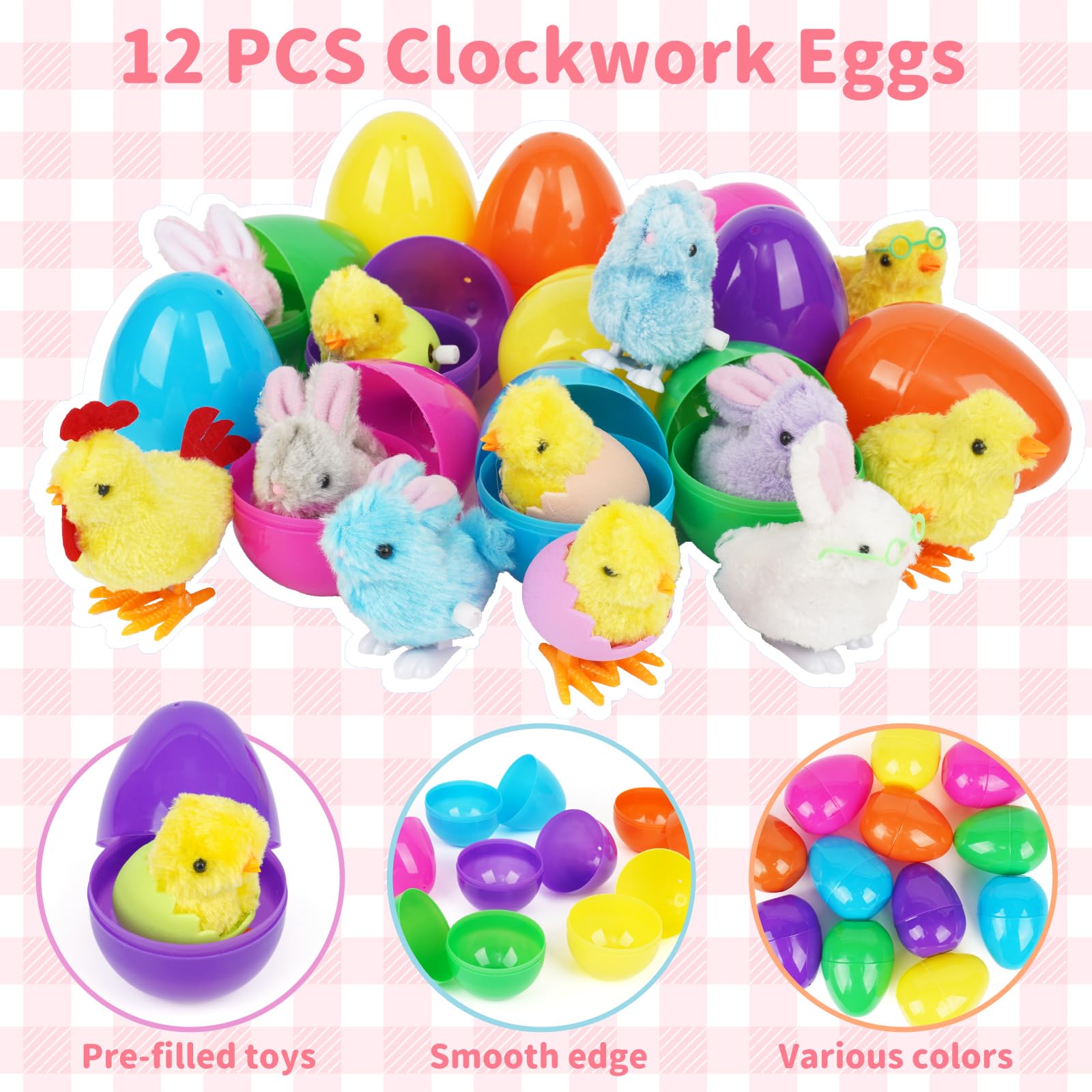 12 Pack Prefilled Easter Eggs with Wind-Up Toys - Plastic Easter Eggs Filled with Chicks & Bunnies Toys for Easter Basket Stuffers, Party Favors & Egg Hunt - Perfect for Easter Celebrations, Kids' Parties & Spring Festivities
