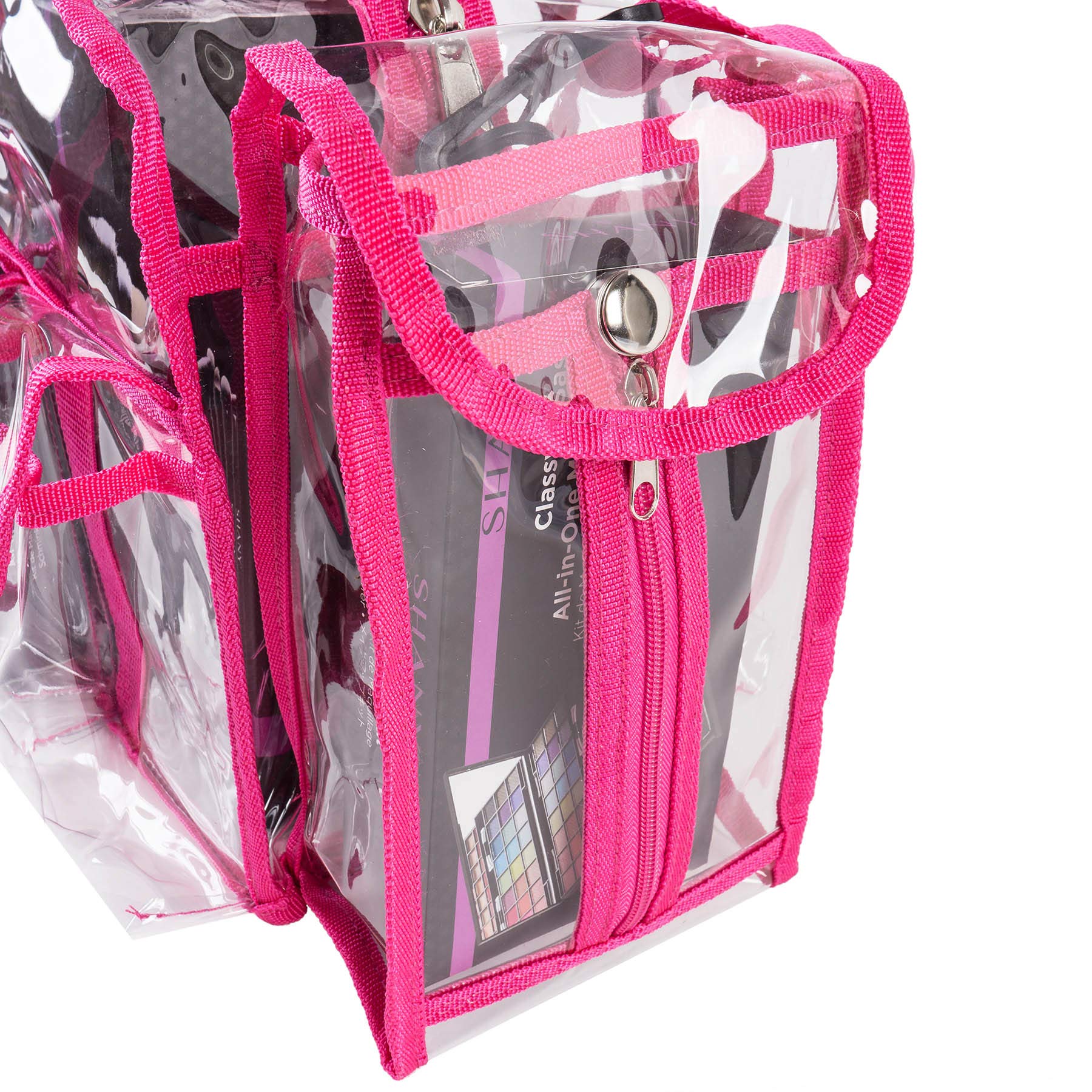 SHANY Clear PVC Makeup Bag - Large Professional Cosmetic Organizer with Shoulder Strap & 5 External Pockets - Pink | Perfect for Travel, Salon & Makeup Artists | Waterproof & Durable Makeup Case for Cosmetics Storage