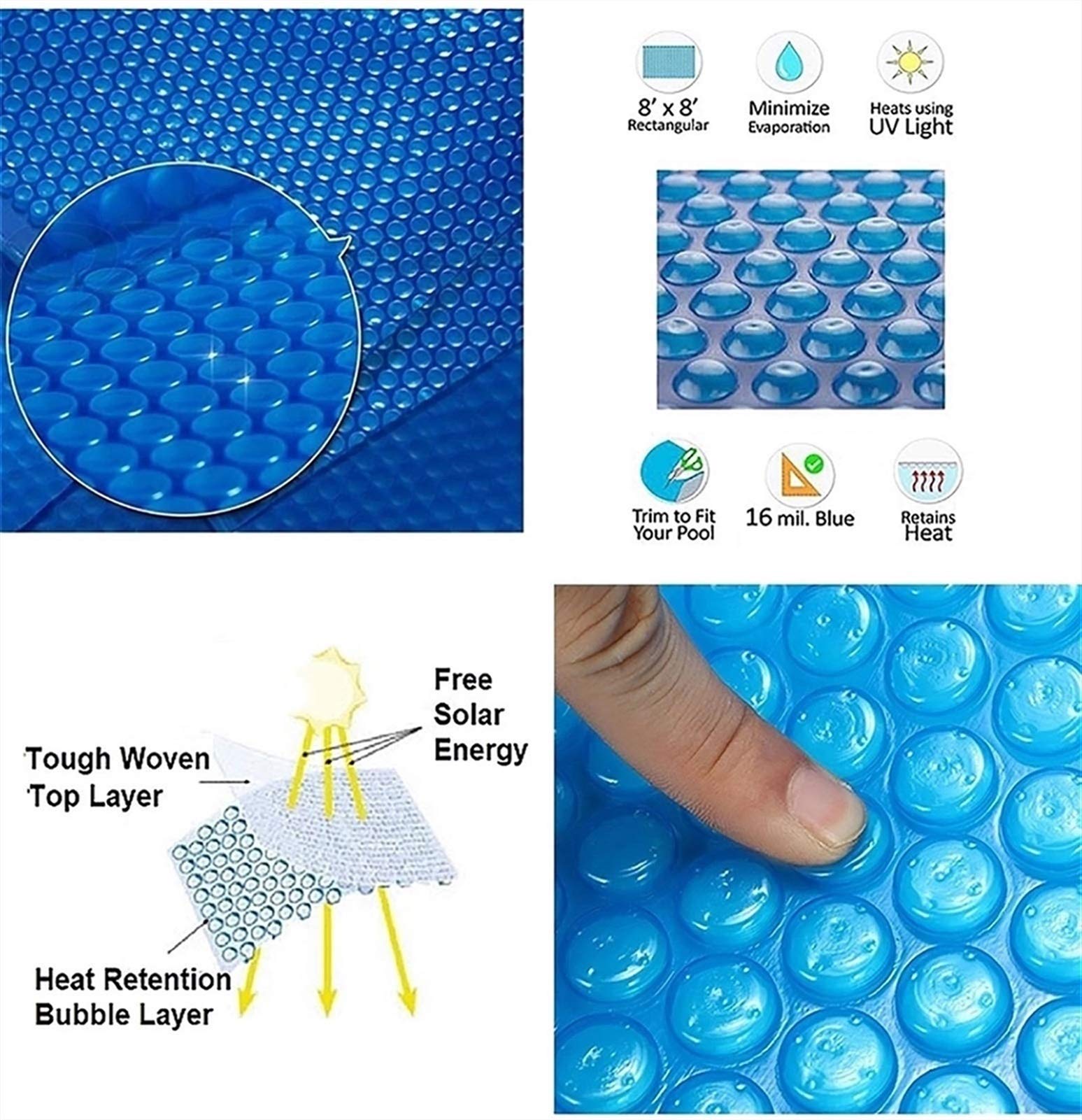 Heavy-Duty 400G/M² Solar Thermal Pool Cover - Rectangle Blue Tarpaulin for Above Ground & Frame Swimming Pools (4m x 4m/13ft×13ft) - Summer Protection & Heat Retention Solution