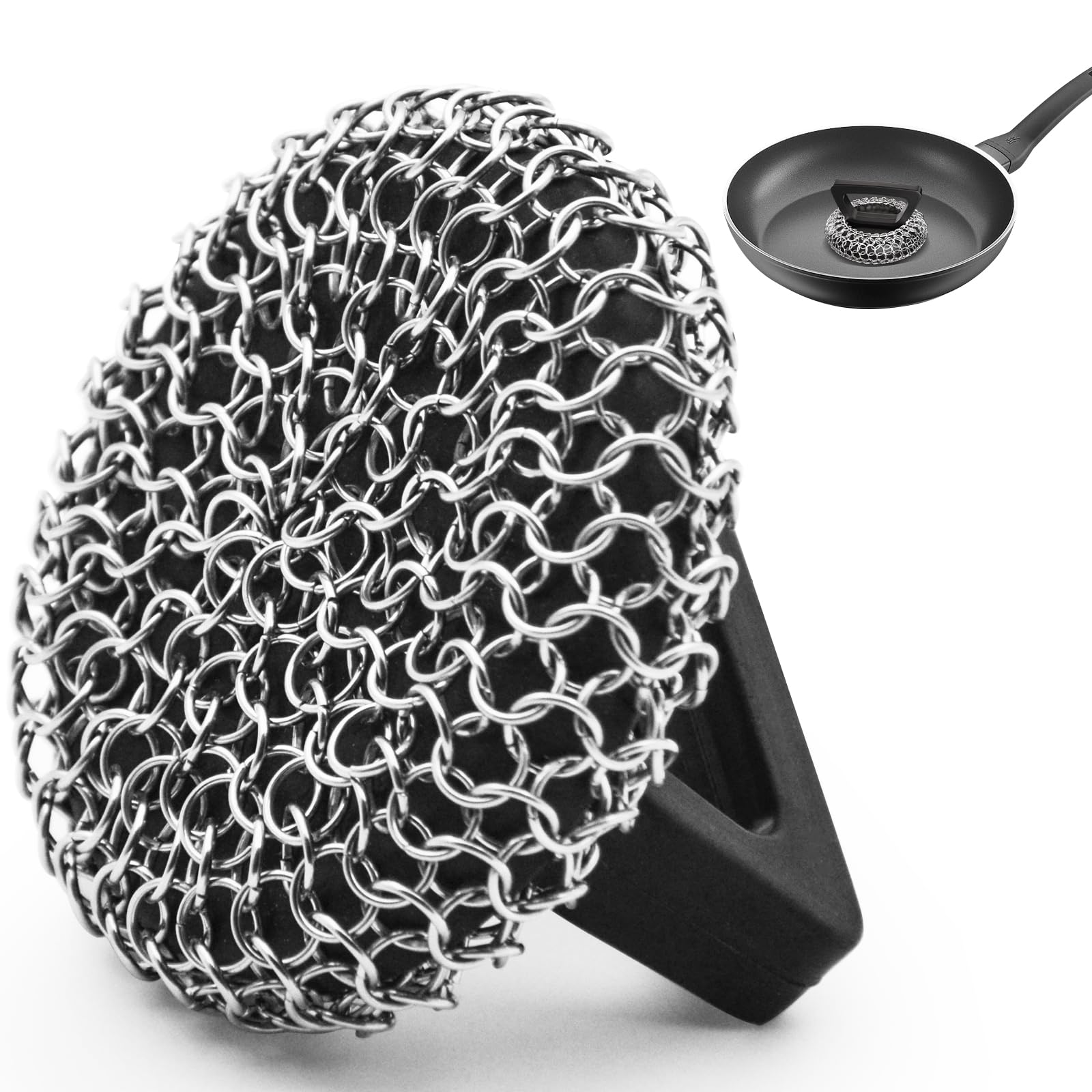 **Amagabeli Cast Iron Cleaner with Handle - Stainless Steel Chainmail Pan Scrubber for Cast Iron Skillets, Pots, Woks & BBQ Grills - Heavy Duty Scouring Pad for Tough Grease & Burnt Food (Perfect for Camping, Outdoor Cooking & Kitchen Use)**
