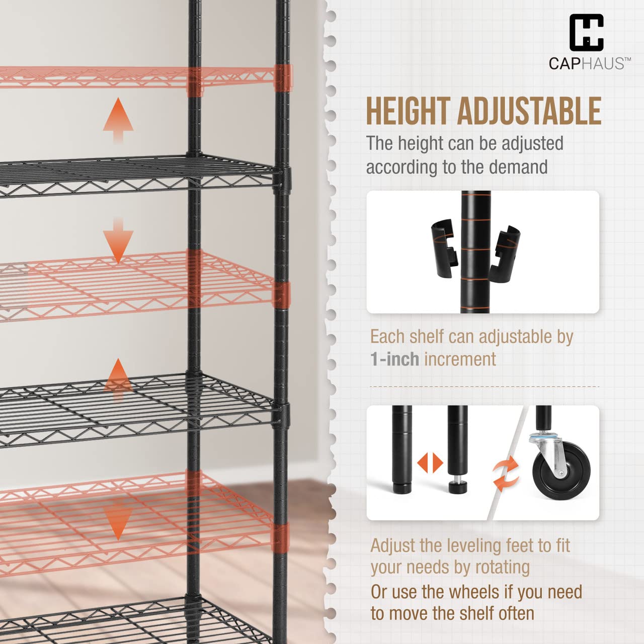 CAPHAUS NSF Certified Commercial Heavy Duty 4-Tier Wire Shelving with 2 Rectangle Baskets, Wheels & Leveling Feet - Black Metal Storage Shelf for Garage, Basement, Kitchen, Pantry Organization | Durable Utility Rack for Home & Business Use