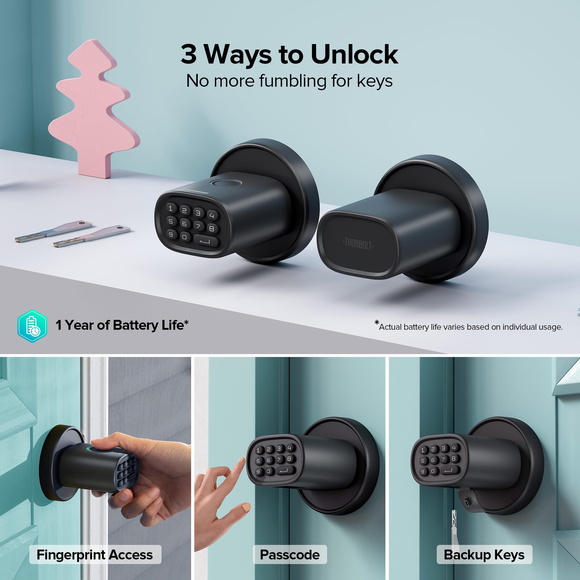 ThorBolt Smart Keyless Entry Door Lock - Fingerprint & Keypad Biometric Security Lock with Auto-Lock Feature for Interior Doors (Up to 2-1/4