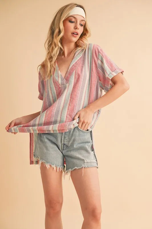 Trendy Pink Striped Short Sleeve Blouse with Side Slit - Perfect for Casual Outings, Office Wear & Summer Fashion