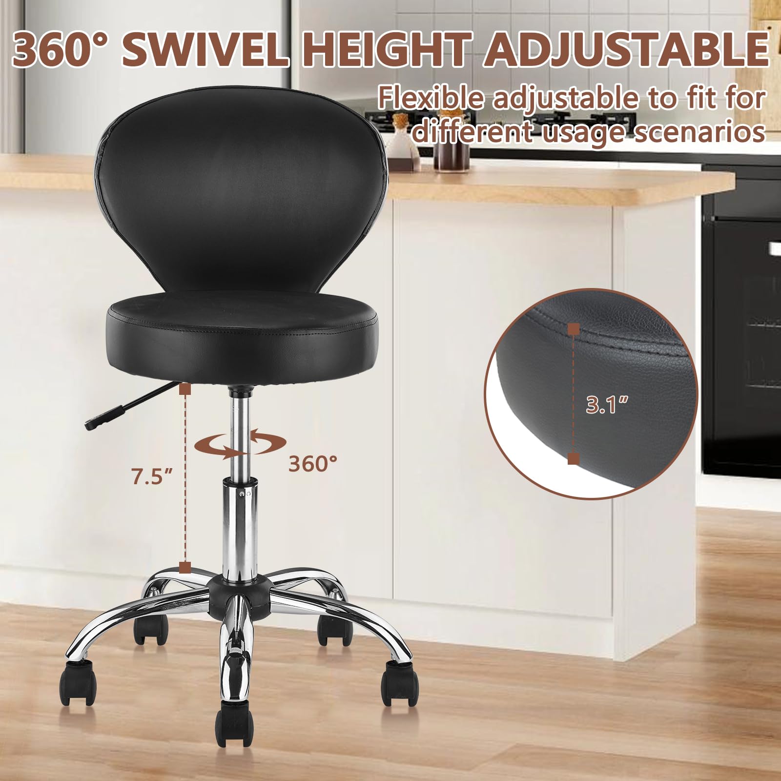 2 Pack Adjustable Hydraulic Salon Stool Chair - PVC Faux Leather Rolling Swivel Stool with Wheels, Lumbar Support, 22