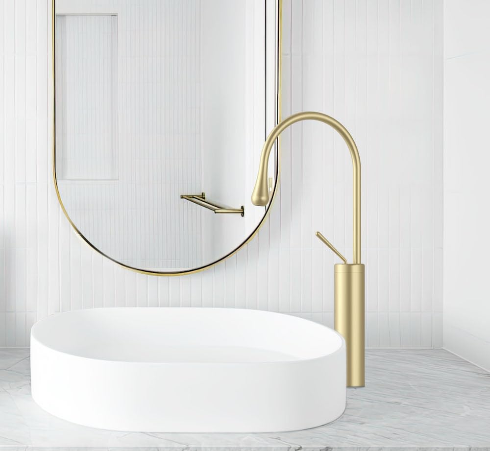 Brushed Gold Bathroom Faucet - High Arc Single Handle Vessel Sink Faucet, Tall Solid Brass Vanity Faucet with Pop-Up Drain (No Overflow), cUPC Certified, Includes Water Supply Hoses & Installation Kit - Perfect for Modern Bathrooms, Powder Rooms & Luxury Vanities