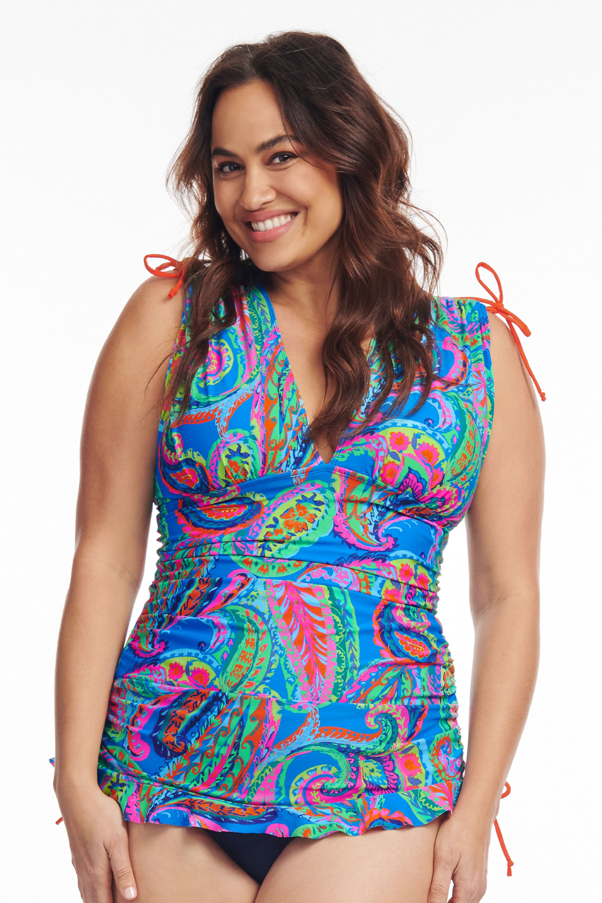 Plus Size Grecian Skater 2-in-1 Convertible Length Tankini Top | French Paisley Print Swimwear for Women | Beach Vacation & Pool Party Outfit