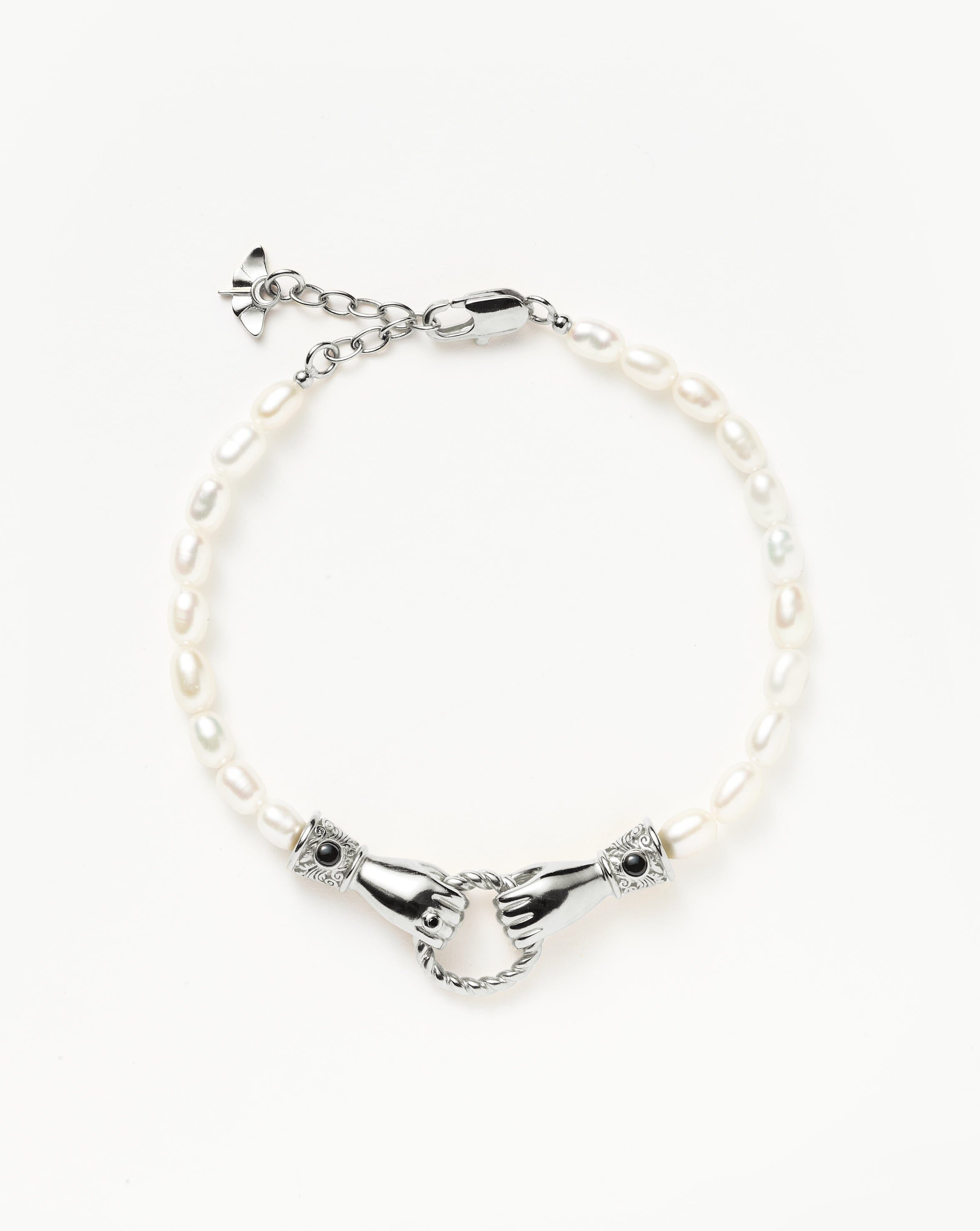 Harris Reed In Good Hands Pearl Bracelet - Sterling Silver Plated with Genuine Pearls & Black Onyx Beads | Elegant Jewelry for Women, Gift for Her, Wedding Accessory, Party Wear