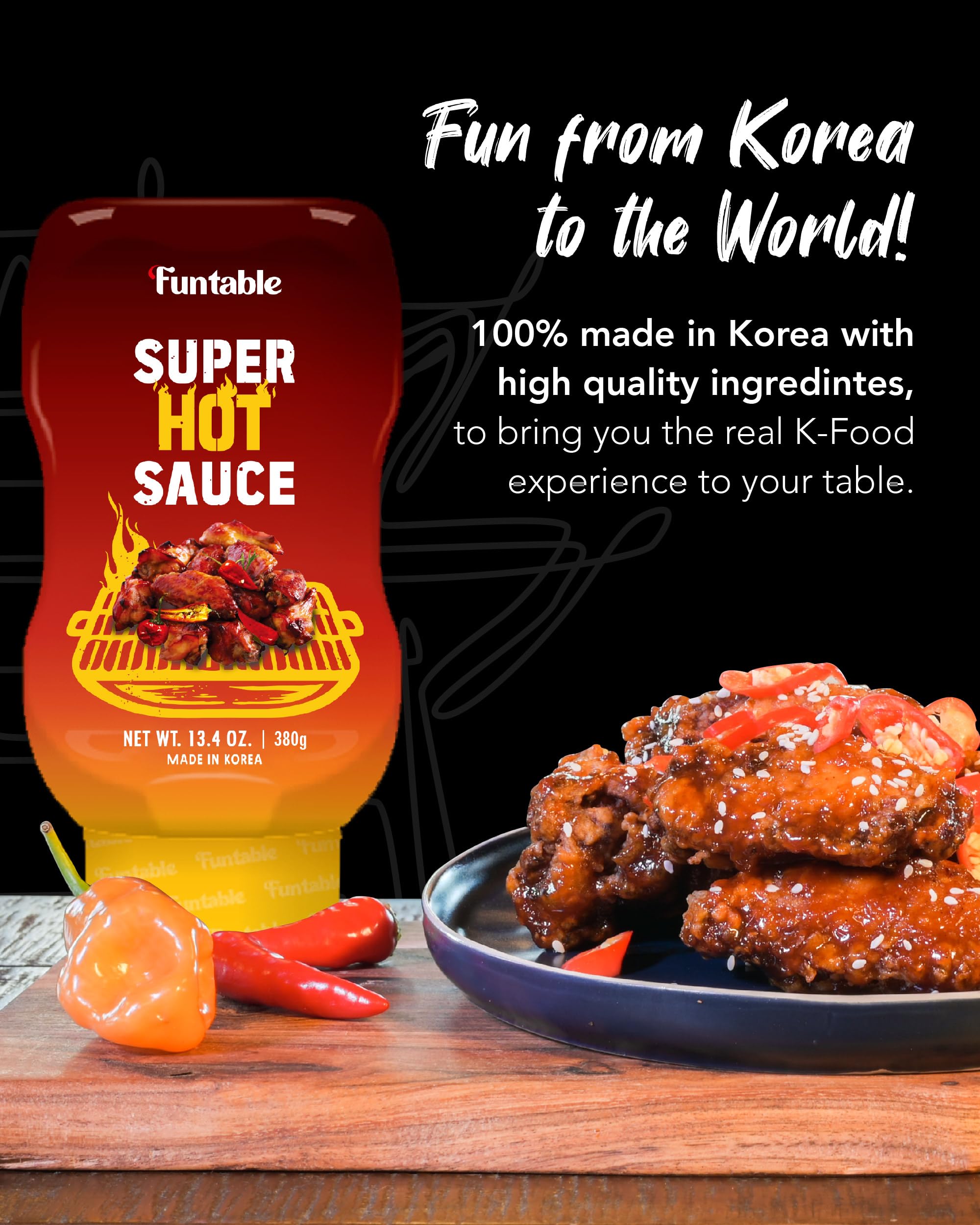Authentic Korean Hot Sauce - Spicy & Tangy Funtable Super Hot Sauce (13.4 oz) for Fried Chicken, Nuggets, Wings, Dipping & More | Perfect for BBQ, Tacos, Burgers & Asian Dishes