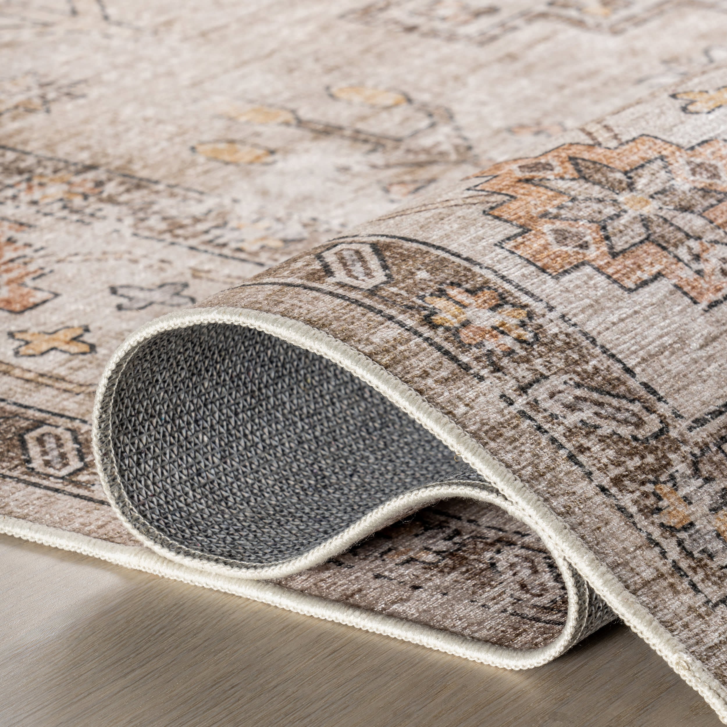 Barbary Distressed Spill Proof Washable Rug - Beige | Stain Resistant & Machine Washable | Perfect for Living Room, Bedroom & High Traffic Areas