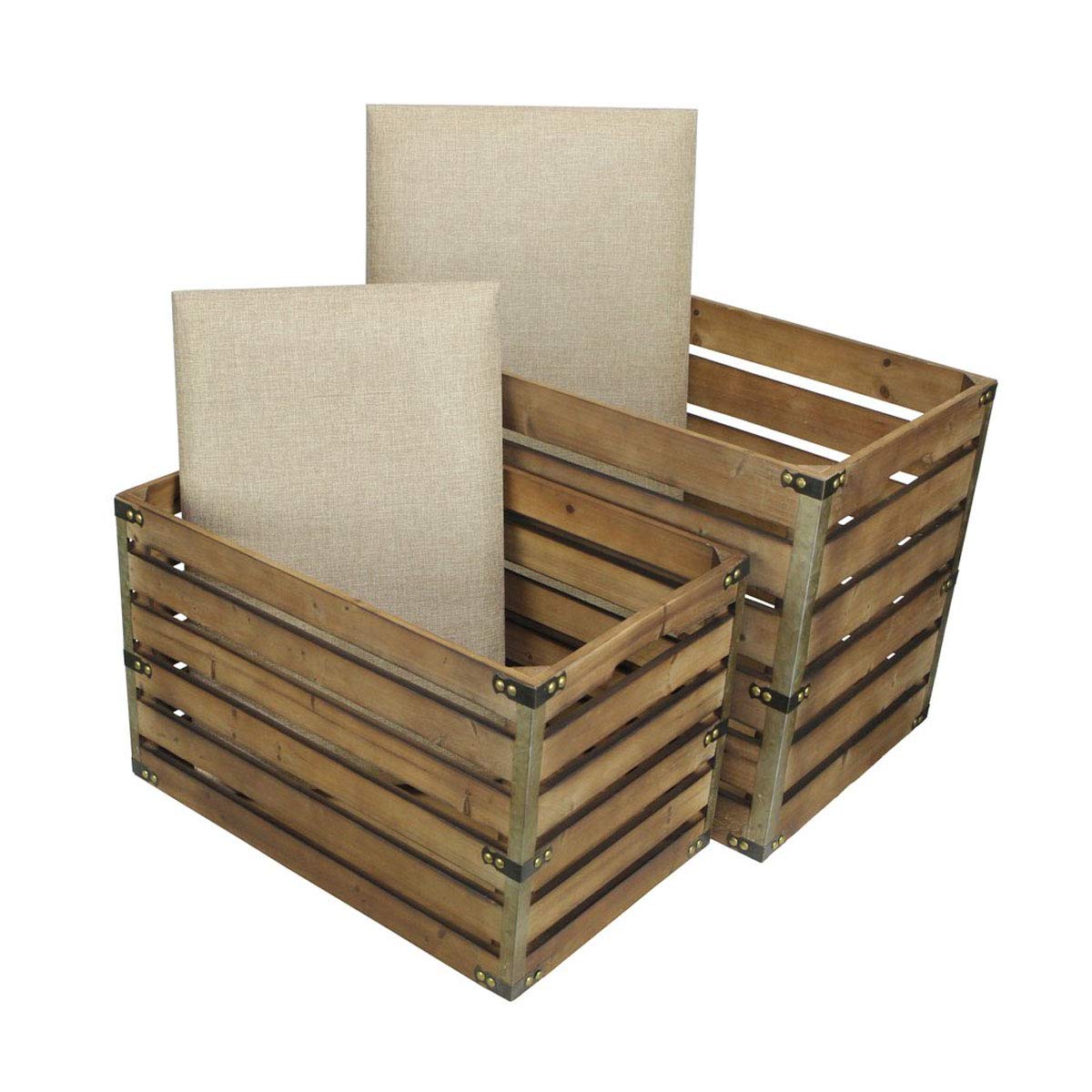 Cheung's 2-Piece Brown Rectangular Wood Slat Storage Bench with Metal Accents & Cushioned Lid - Perfect for Entryway, Bedroom, or Living Room Organization