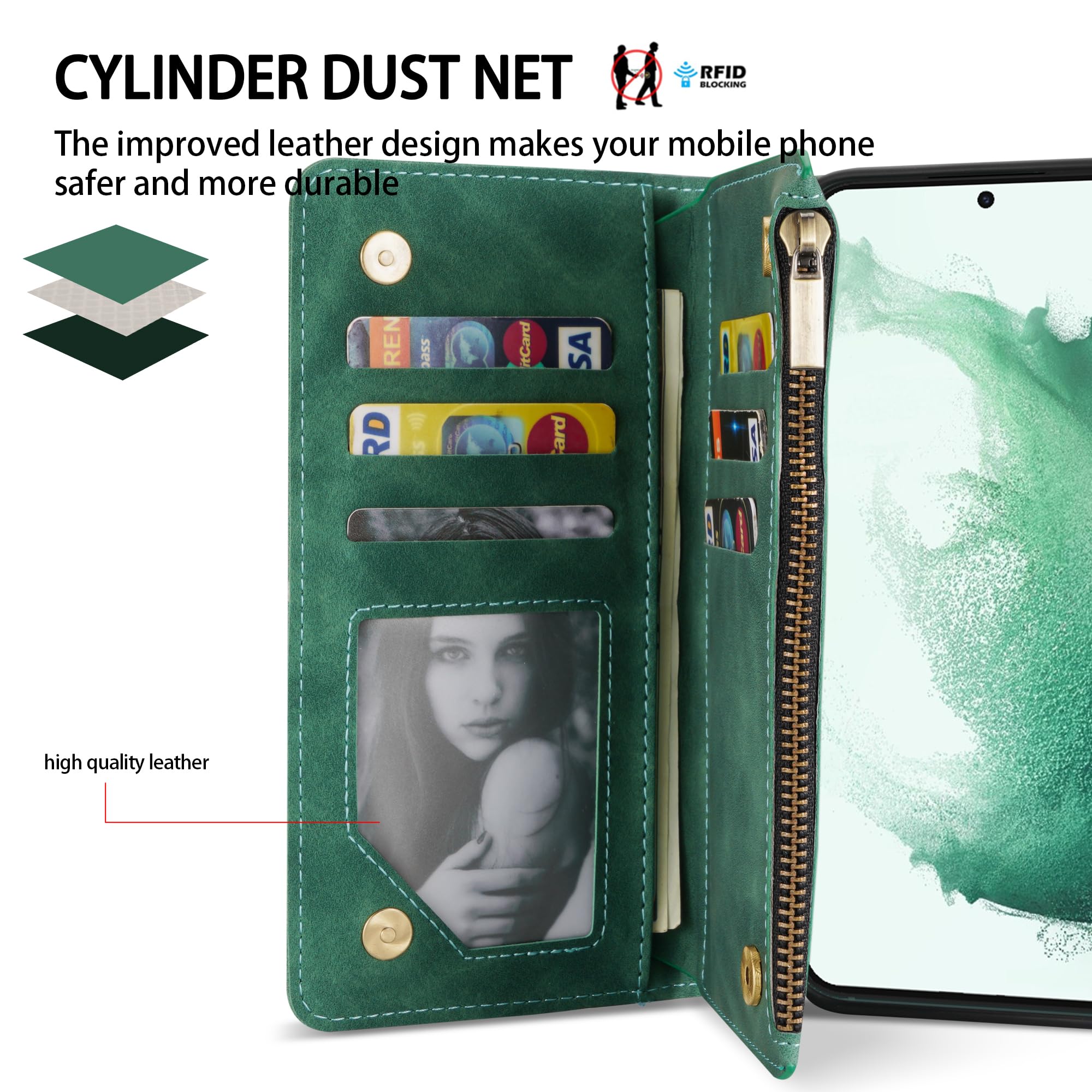 Premium Soft PU Leather Zipper Flip Wallet Case for Samsung Galaxy S22 Plus (6.6 Inch) - Card Slots, Wrist Strap & Kickstand | Protective Folio Cover for Everyday Use, Travel & Business (Green)