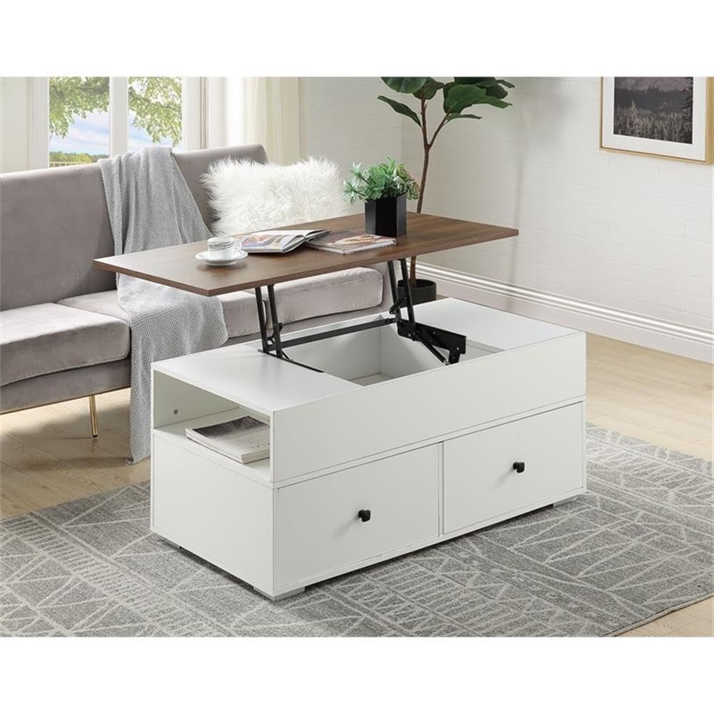 Acme Aafje 2-Drawer Wooden Coffee Table - White & Walnut Finish - Modern Living Room Furniture for Small Spaces, Home Decor, Apartment Essentials