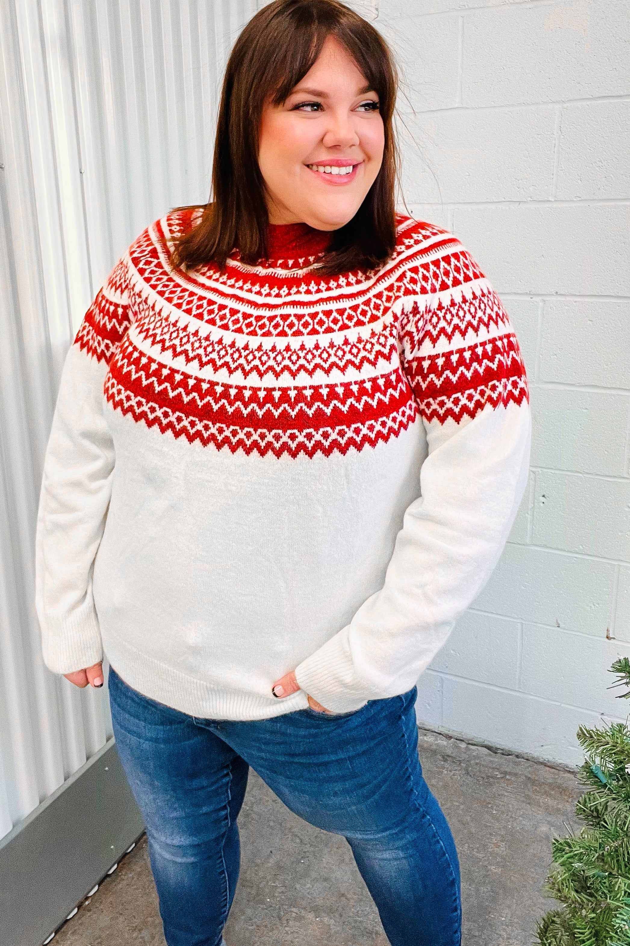 Festive Ivory & Red Fair Isle Mock Neck Sweater - Cozy Christmas Holiday Knitwear for Women, Perfect for Winter Parties & Family Gatherings