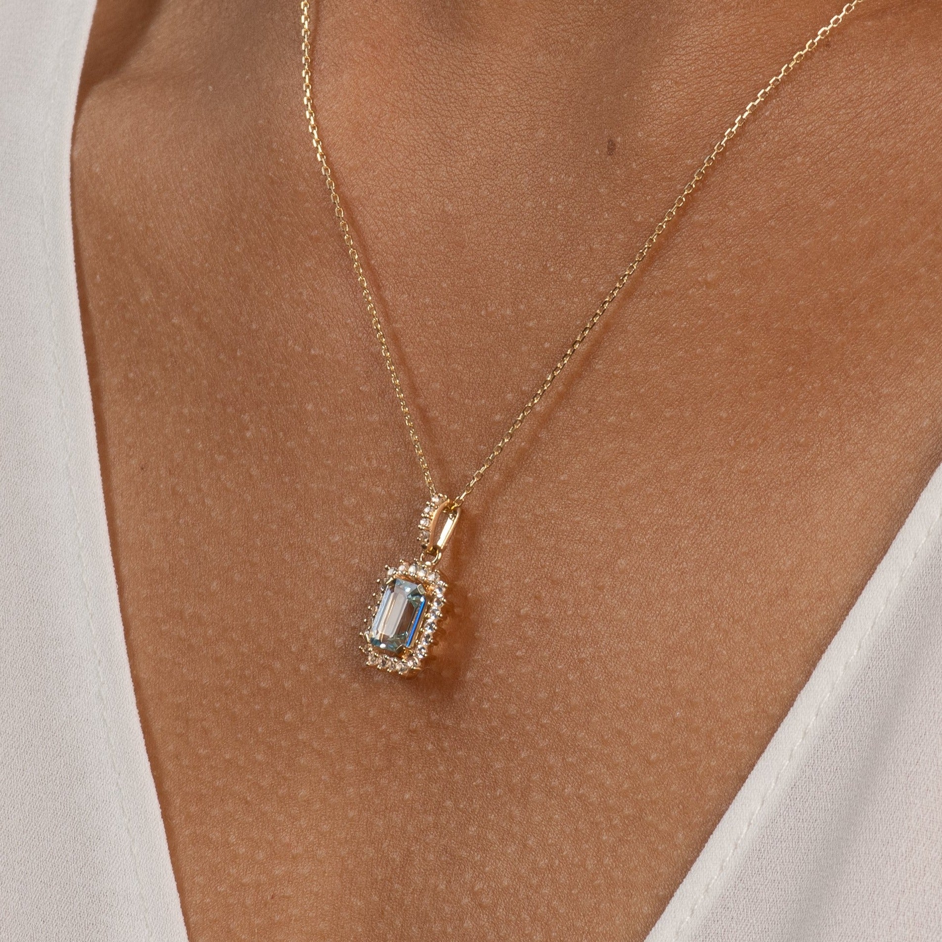 10k Yellow Gold Aquamarine Pendant with White Sapphire Halo - Elegant Birthstone Jewelry for Women, Perfect Gift for Anniversary, Birthday & Mother's Day