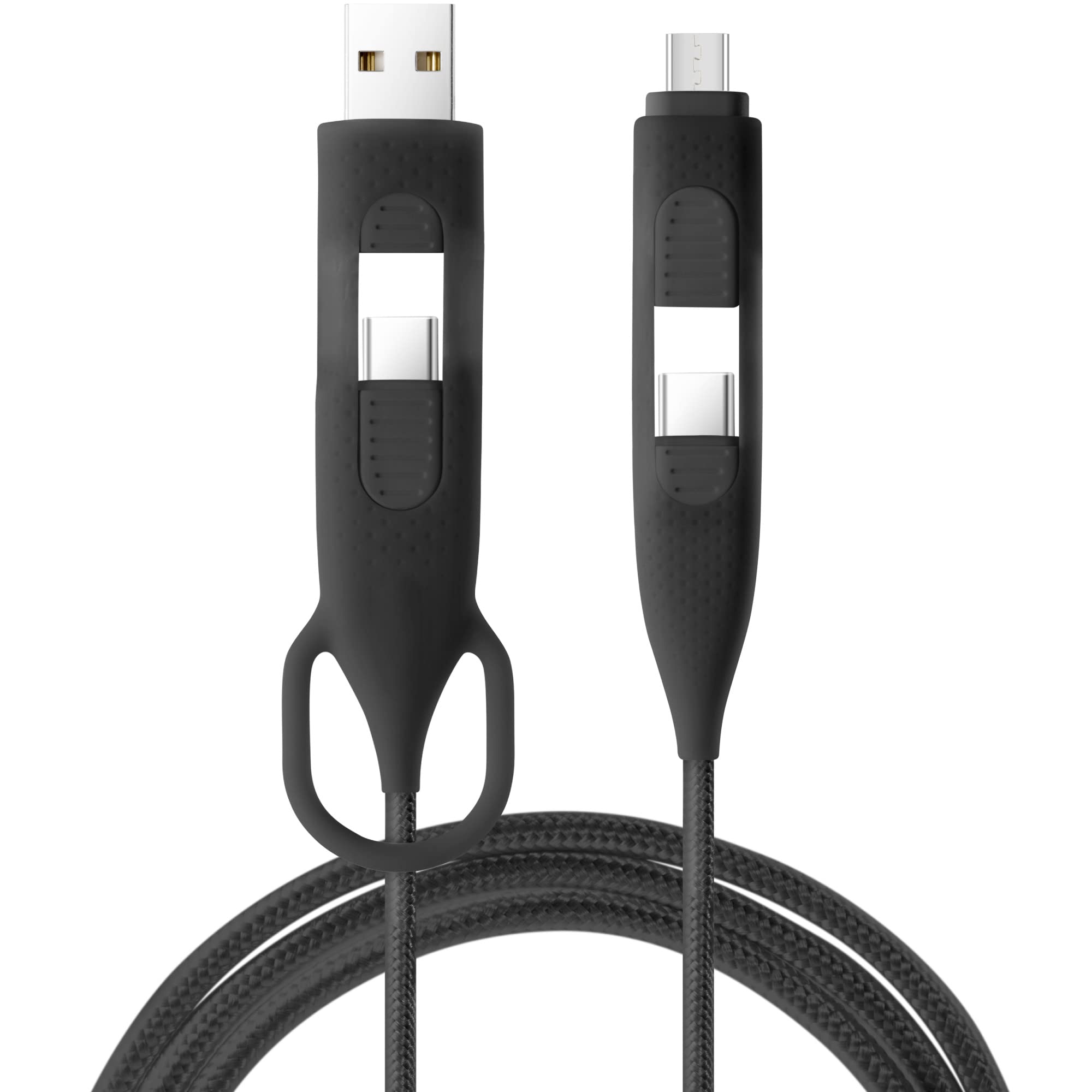 Premium BONE 4-in1 Charging Cable with Interchangeable Adapters (USB-C/USB-A/Micro USB) - Durable Nylon Braided Cord - Fast Charging for iPhone, Samsung, Android Smartphones, iPad & Tablets - Perfect for Home, Office & Travel - Black