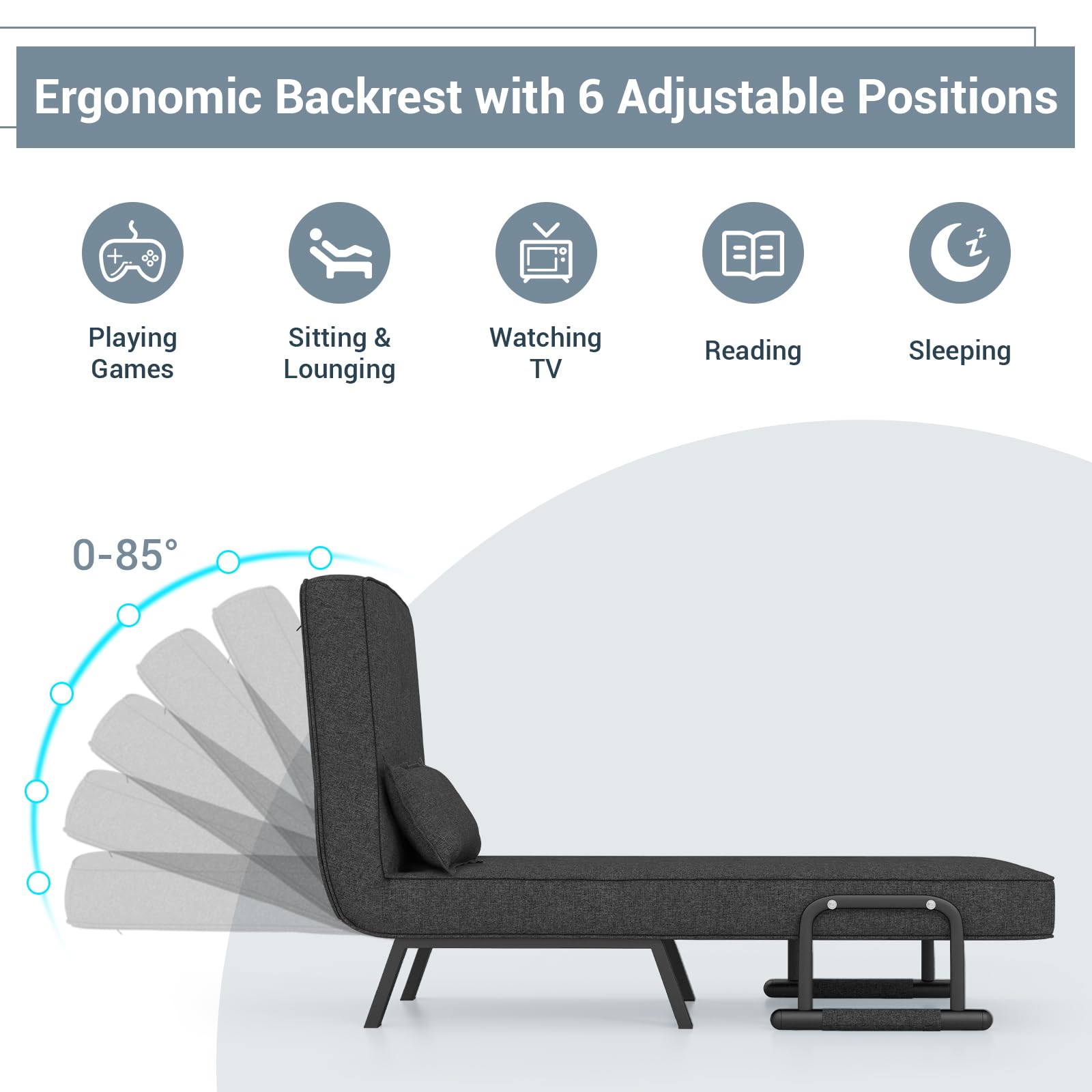 KOMFOTT 4-in-1 Convertible Sleeper Chair Bed - Adjustable Backrest Folding Sofa Bed with Removable Pillow, Upholstered Chaise Lounge for Living Room, Guest Room & Small Spaces (Dark Gray) | Perfect for Apartments, Dorms & Home Offices