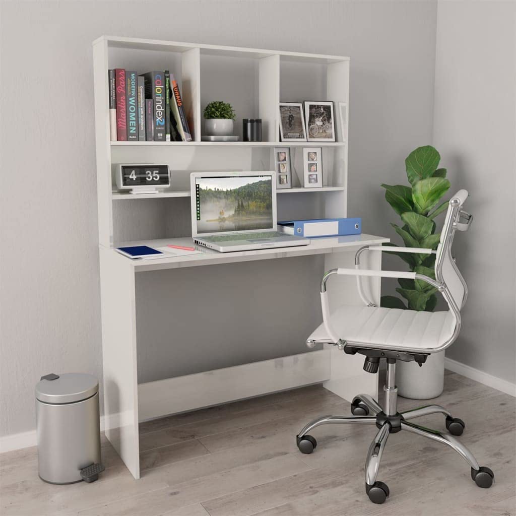 Sywamol 43.3 Inch Computer Desk with Shelves - High Gloss White Home Office Writing Desk, Study Workstation for Small Spaces (43.3