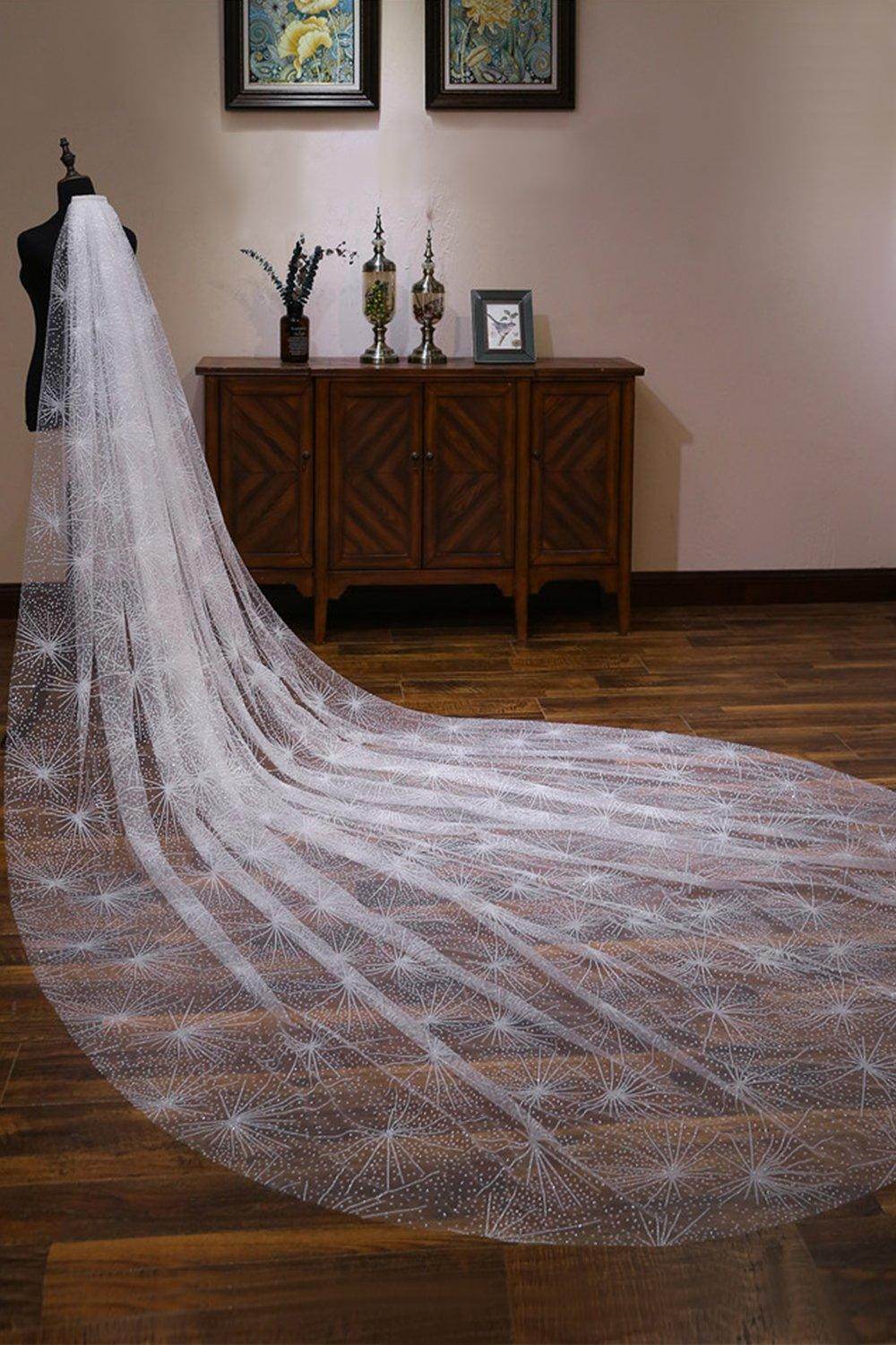 Elegant One-Tier Cut Edge Tulle Cathedral Wedding Veil with Glitter Powder (CV0361) - Perfect for Bridal Ceremonies, Photo Shoots & Formal Events