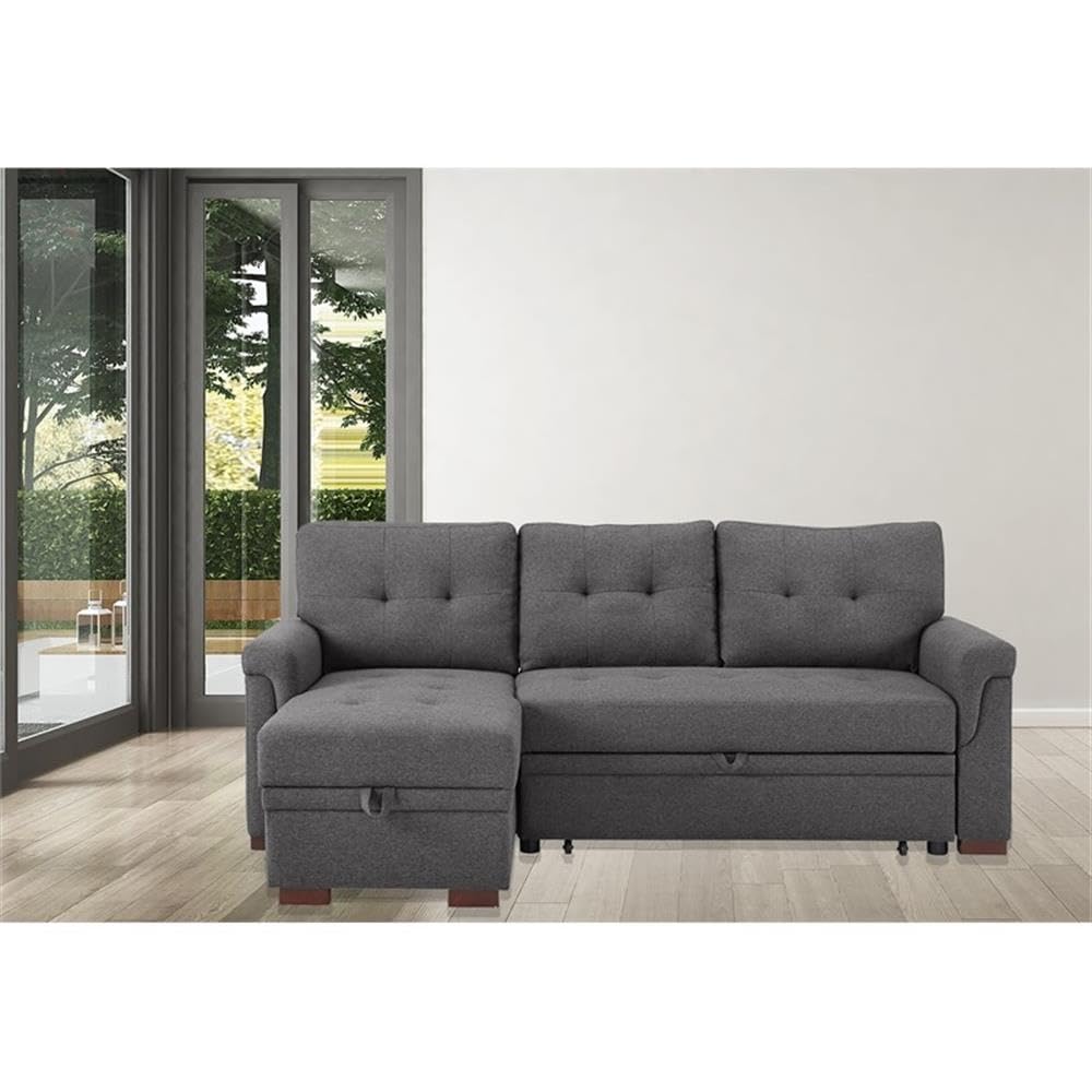 Lilola Home Destiny Dark Gray Fabric Reversible Sleeper Sectional Sofa with Storage Chaise - Modern Living Room Furniture for Small Spaces, Apartment & Home Theater Comfort