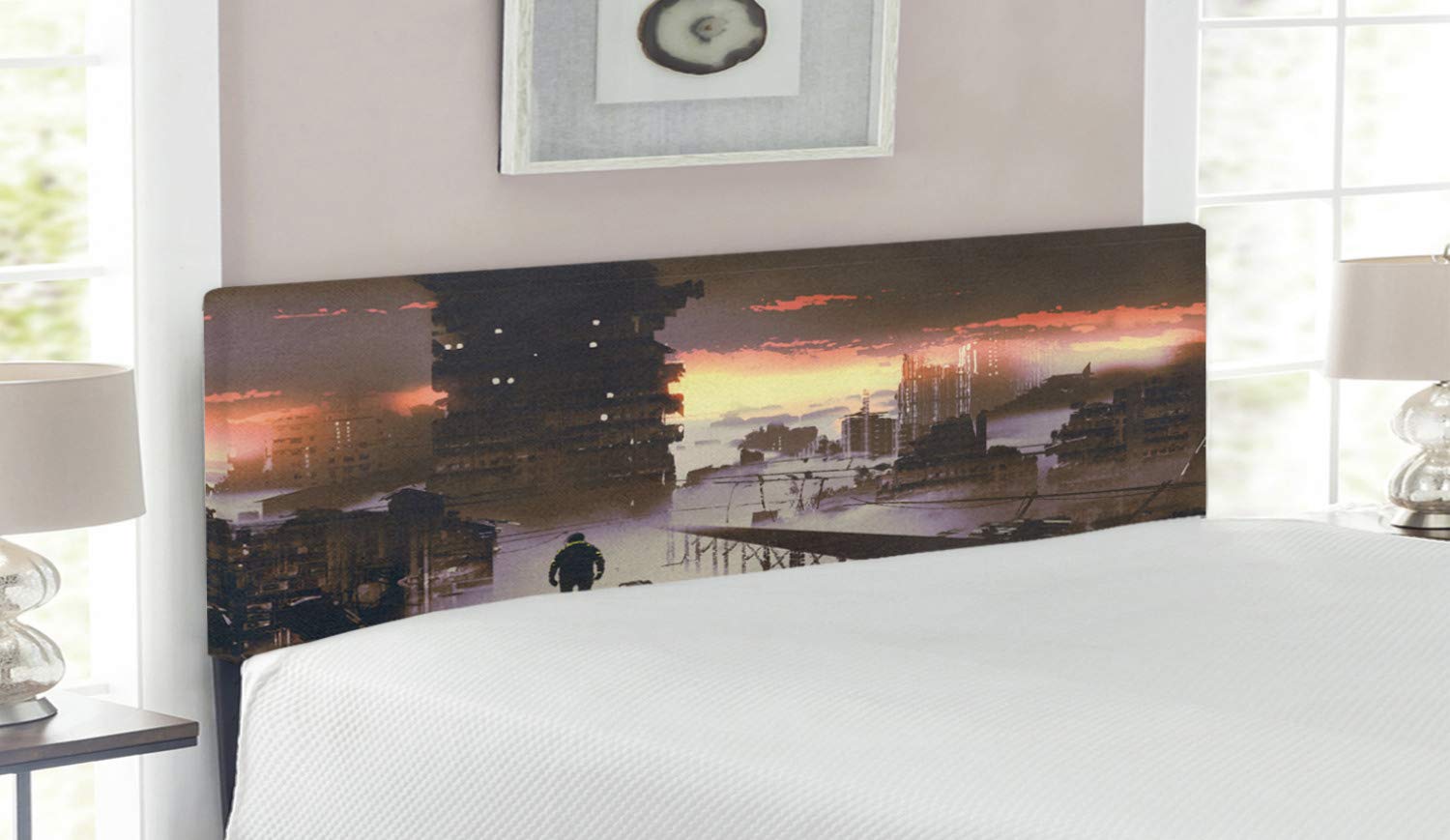 Ambesonne Futuristic Sci-Fi Headboard - Abandoned City with Robot Digital Graphic, Upholstered Metal Bed Frame with Memory Foam, Queen Size, Dark Taupe Salmon - Perfect for Modern Bedroom & Sci-Fi Themed Decor