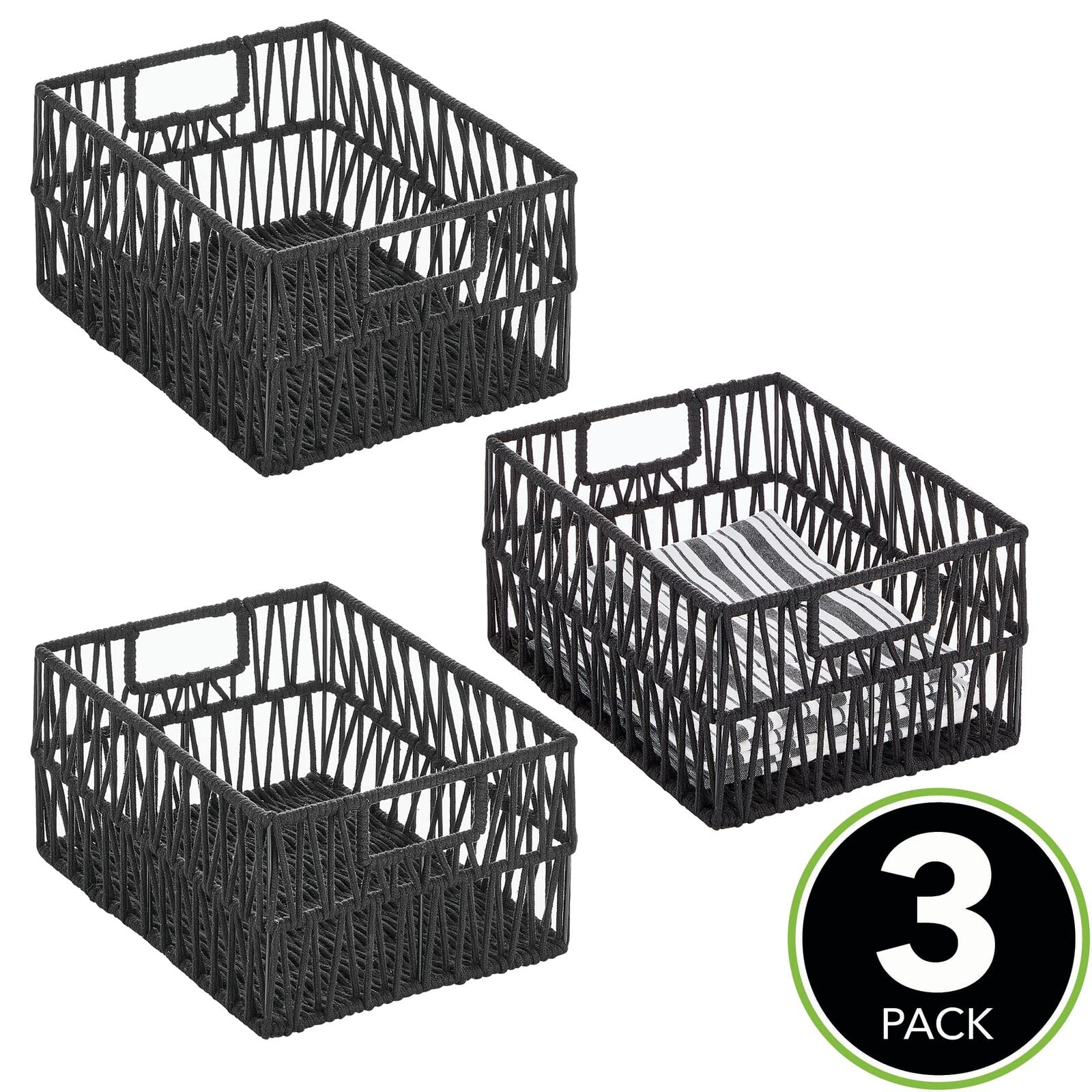 mDesign Metal Wire & Cotton Rope Small Macrame Boho Storage Baskets with Handles - 3 Pack Black - Decorative Organizer Bins for Kitchen, Pantry, Shelves - Perfect for Paper Goods, Dish Towels, Party Supplies & Home Decor