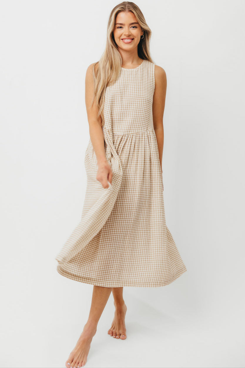 Frannie 100% Cotton Gingham Midi Dress in Natural - Vintage Inspired Summer Dress for Women, Casual & Beach Wear, Perfect for Picnics, Dates & Outdoor Events