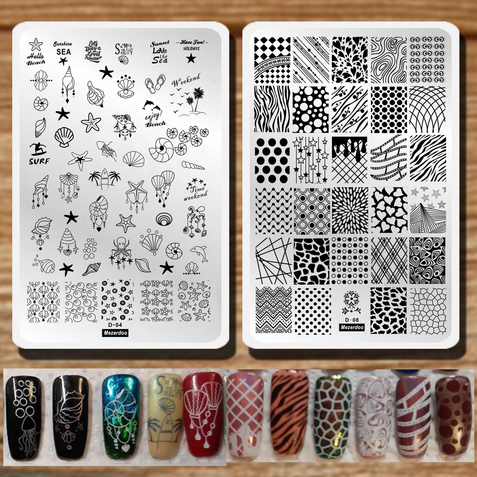 2Pcs Zebra Print Nail Stamping Plates - Geometric Letter & Word Designs - Large 14.5x9.5cm Nail Art Templates (D04/D08) - Perfect for Salon Professionals & DIY Nail Enthusiasts