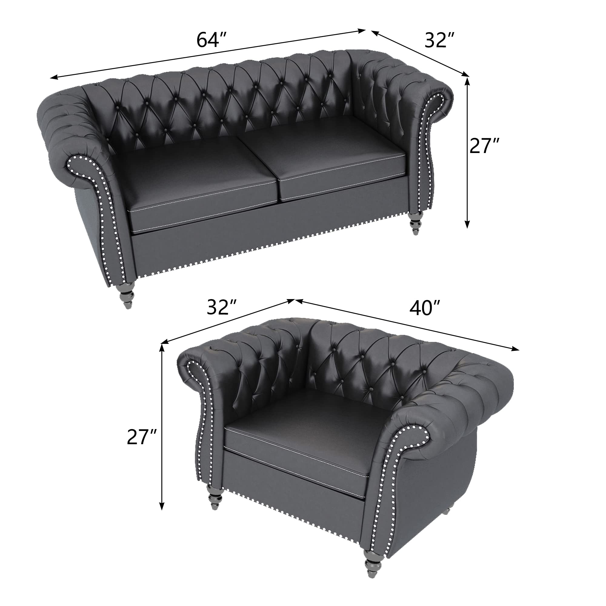 Modular Sectional Sofa Set - PU Leather Upholstered with Tufted Cushions, Space-Saving Furniture for Small Living Rooms & Office Meeting Areas (Black, 1-2 Seater) - Perfect for Apartments, Condos and Compact Workspaces