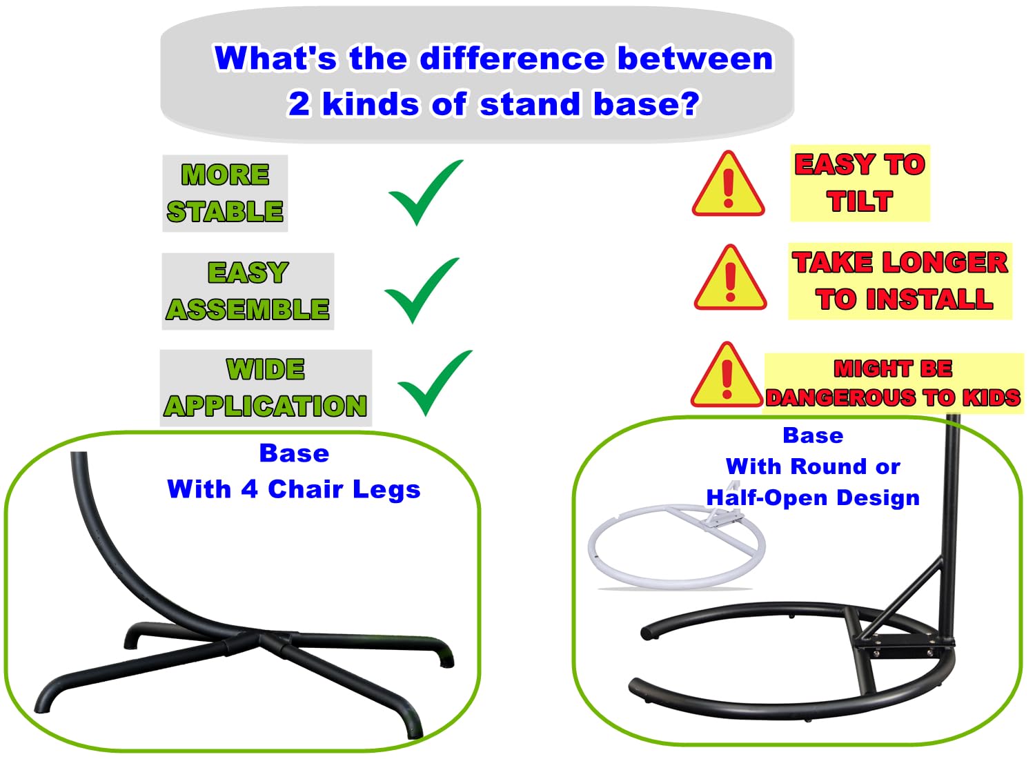 Hanging Egg Chair Stand Only - Heavy Duty 440lbs Capacity C-Stand with Chains & Hooks for Patio, Garden, Balcony - Includes Snap Hook, Pin Plug & Spring - Perfect for Outdoor Relaxation & Swing Chair Setup (Black)
