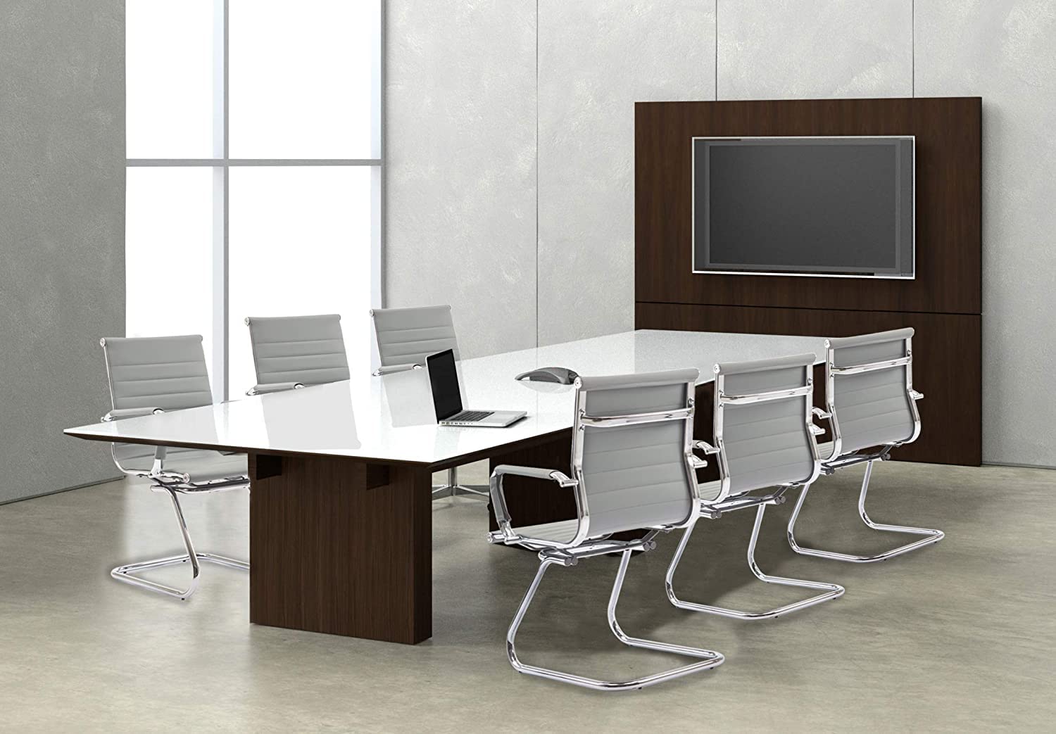 4-Piece Office Guest Chair Set - Mid Back PU Leather Conference Chairs with Metal Legs & Sled Base for Reception & Waiting Areas (Grey) - Perfect for Corporate Lobbies, Meeting Rooms & Professional Spaces