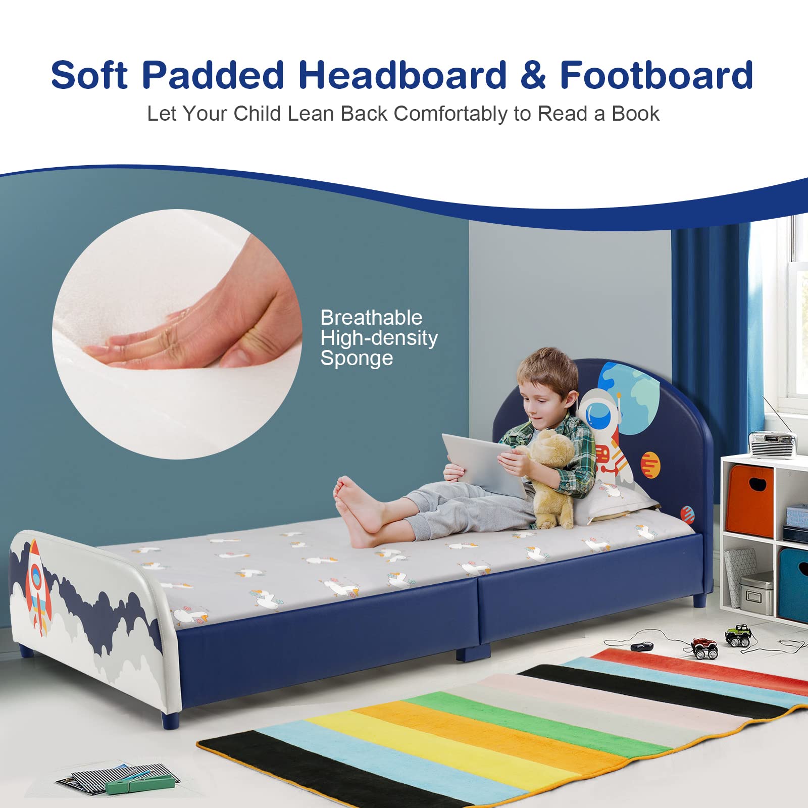 Costzon Twin Bed Frame for Kids - Wooden Upholstered Platform Bed with Slat Support | Padded Headboard & Footboard | No Box Spring Needed | Easy Assembly | Fits Standard Twin Mattress | Astronaut Theme | Perfect for Kids' Bedrooms, Dorm Rooms & Space-Themed Decor