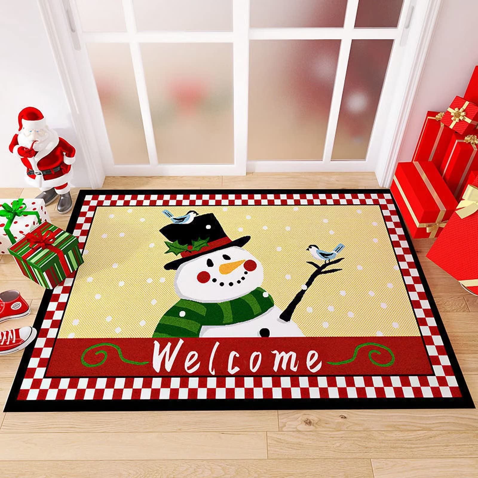 Absorbent Indoor Welcome Doormat - Machine Washable Entry Rug for Home, Christmas Snowman Red White Plaid Design, 19.7x31.4 Inches - Perfect for Front Door, Porch, and Mudroom Decor