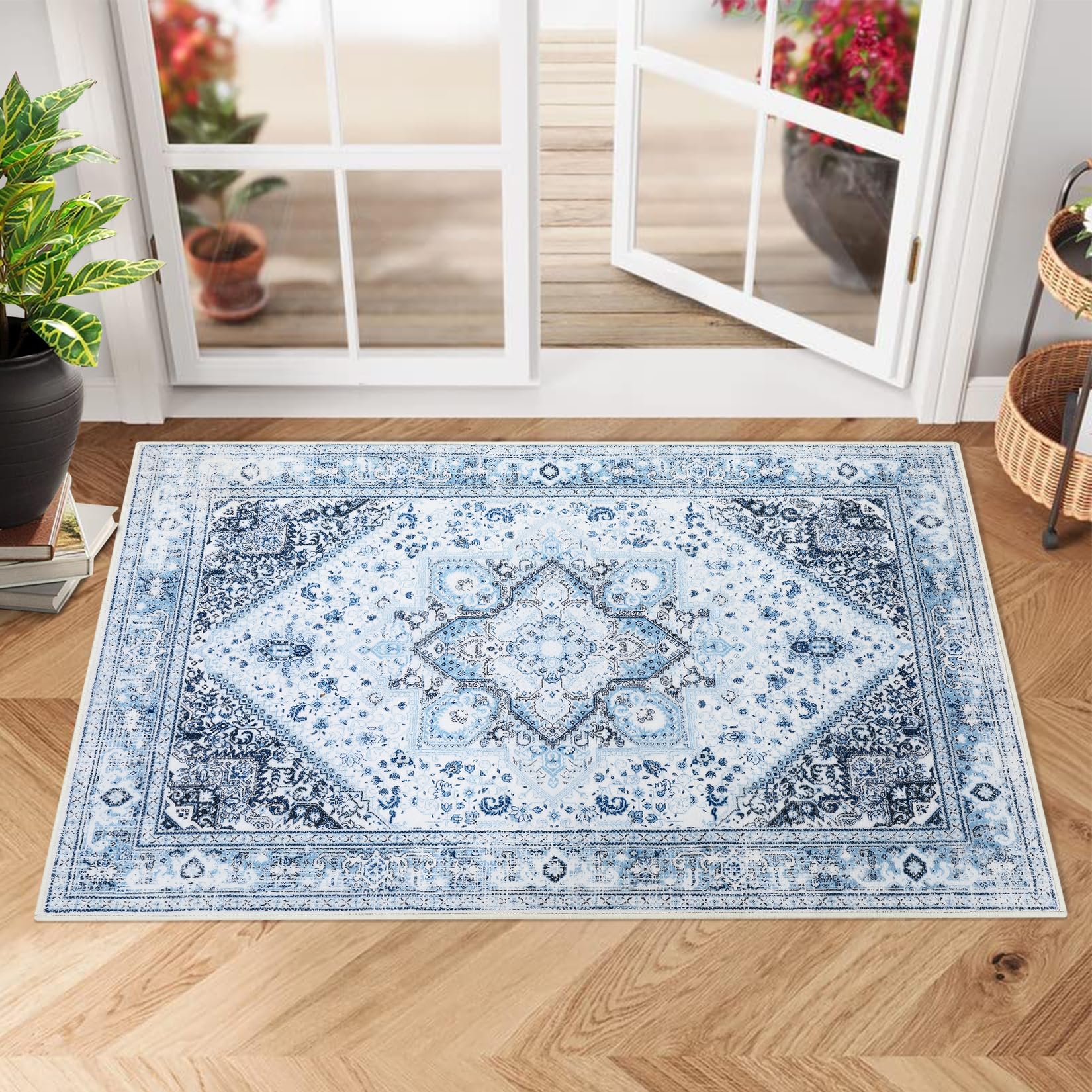 GARVEE 2x3 Feet Non-Slip Indoor Door Mat - Boho Tribal Oriental Entryway Rug for Kitchen, Bedroom & Bathroom - Low Pile Distressed Carpet - Perfect for Home Decor & High Traffic Areas (Blue, 2'x3')