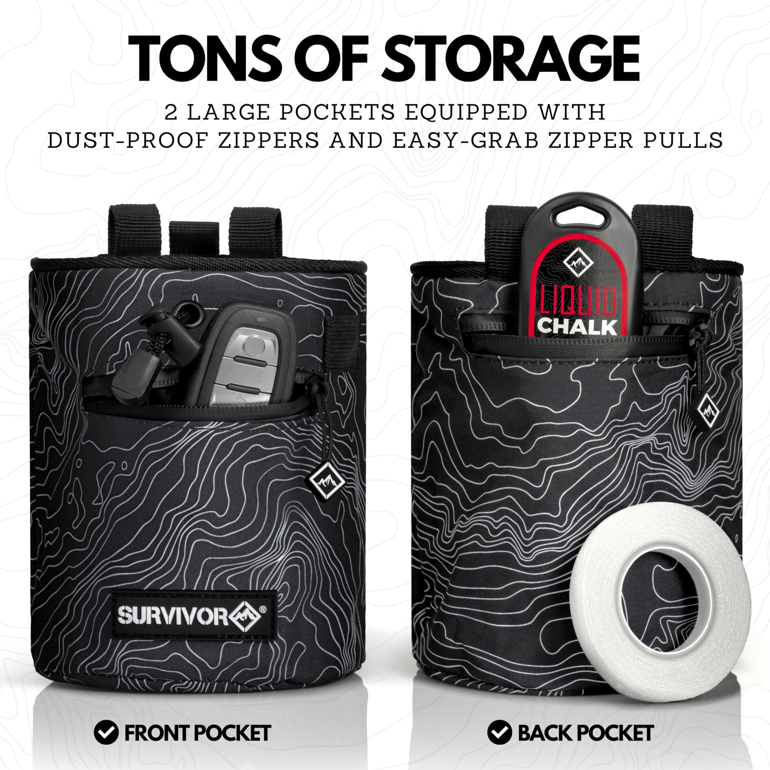 Survivor Chalk Bag for Rock Climbing - Topographic Map Design with Drawstring Closure, 2 Zippered Pockets & Brush Holder - Ideal for Bouldering, Weightlifting, Gymnastics & Workout Training - Perfect for Gym, Outdoor Sports & Fitness Enthusiasts