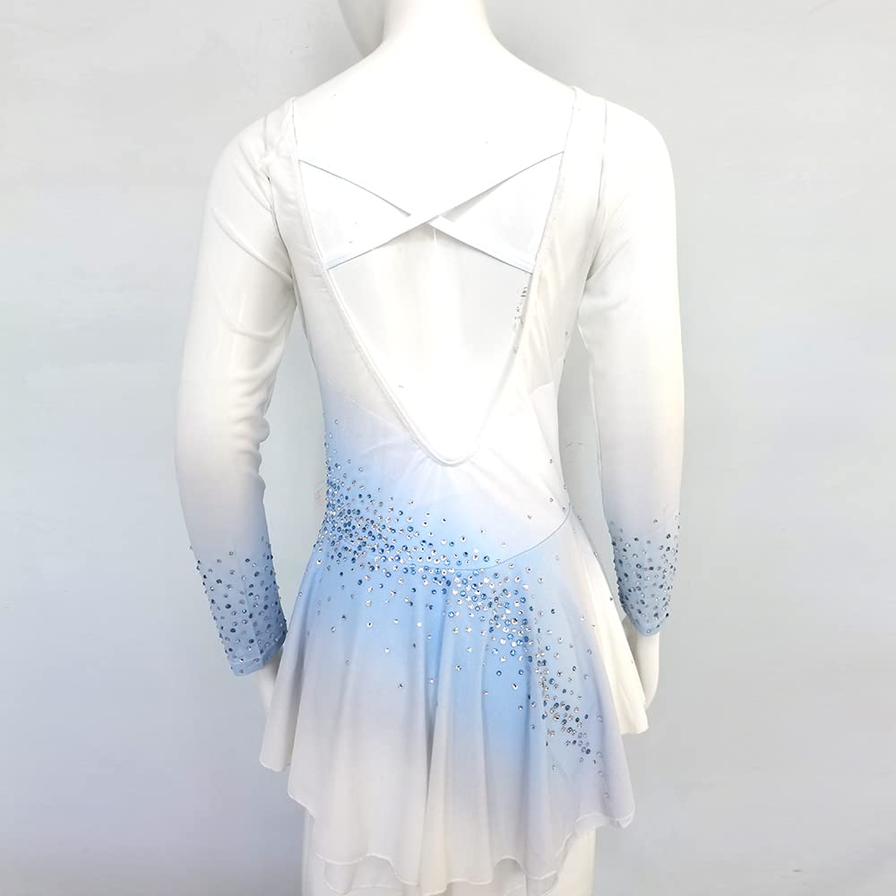Girls Figure Skating Dress - White & Light Blue Gradient with Diamond Design for Competition & Performance | Elegant Ice Skating Costume for Shows, Recitals & Events