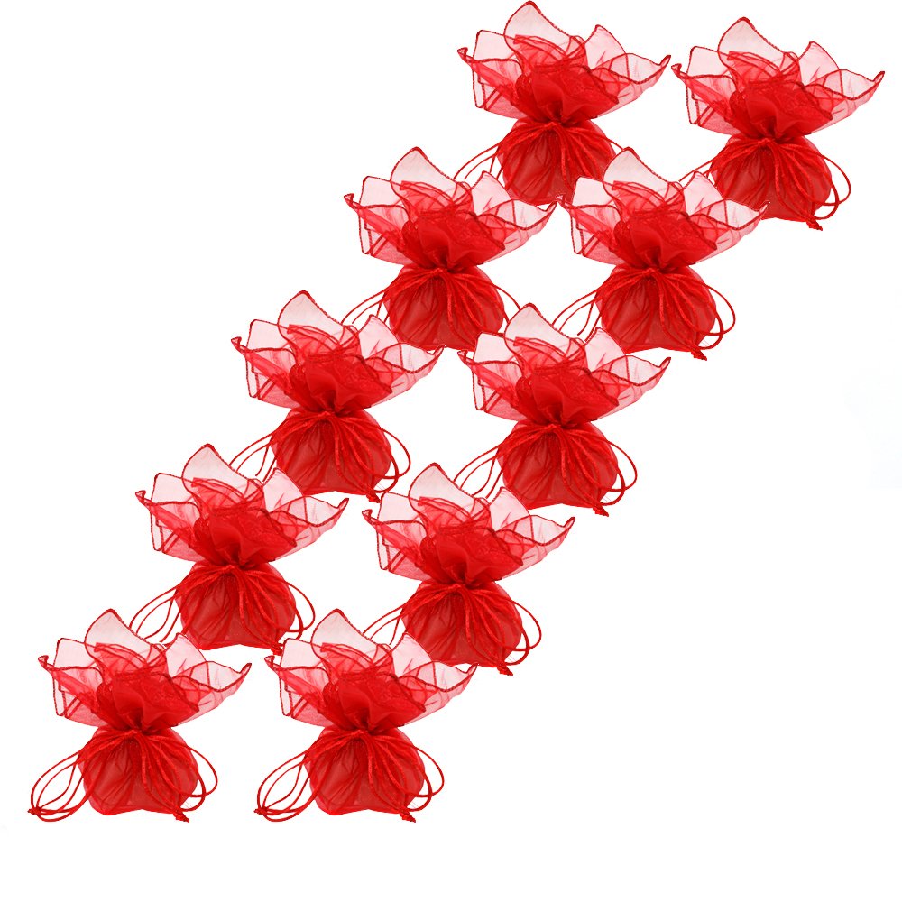 30 Pack Designer Organza Fabric Gift Bags - Elegant Party Favor Pouches for Wedding, Birthday, Baby Shower & Holiday Gifts Packaging (Red) - Perfect for Jewelry, Candies, Soaps & Small Gift Wrapping