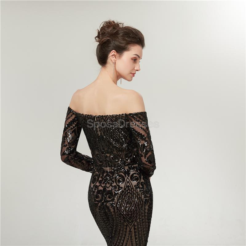 Sparkly Black Off Shoulder Long Sleeve Mermaid Prom Dress - Elegant Evening Party Gown for Formal Events, Homecoming, Pageants & Special Occasions