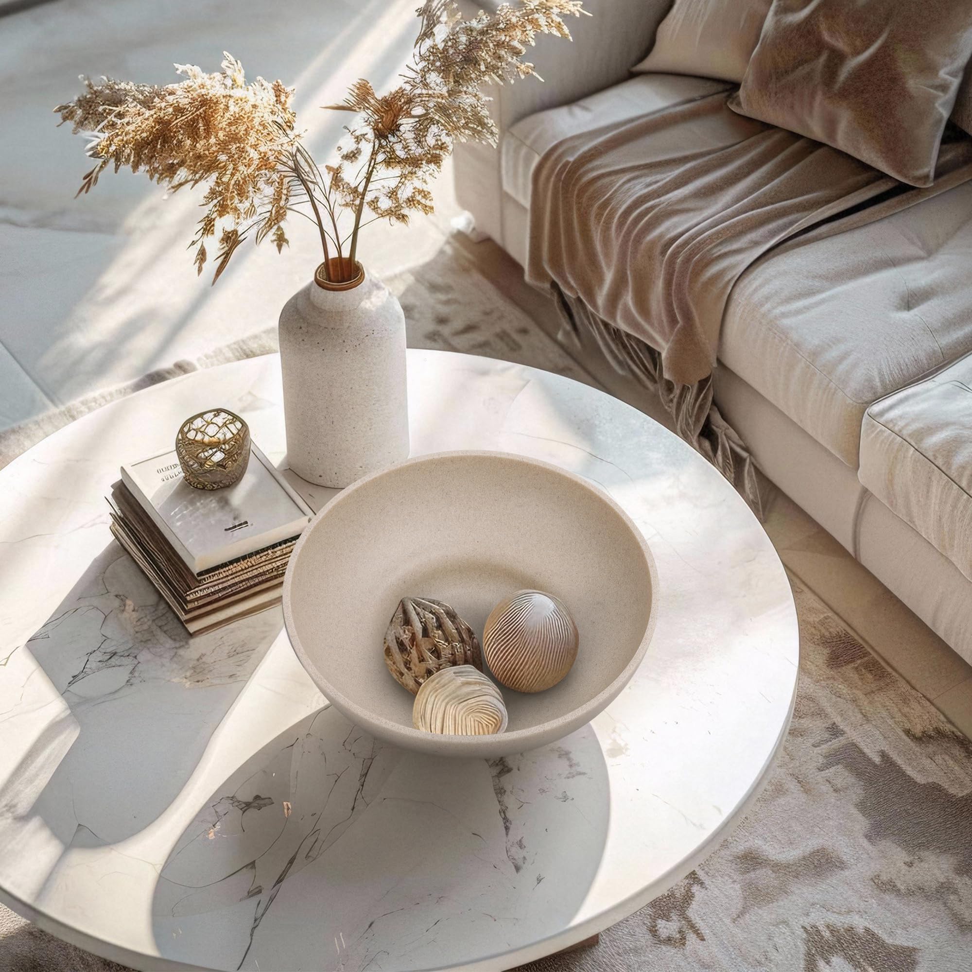 Large Decorative Resin Bowl - Modern Handcrafted Beige Stone-Like Fruit & Key Tray for Kitchen Counter, Entryway Table & Home Decor | Durable Artisanal Centerpiece for Dining Room, Living Room & Office Spaces