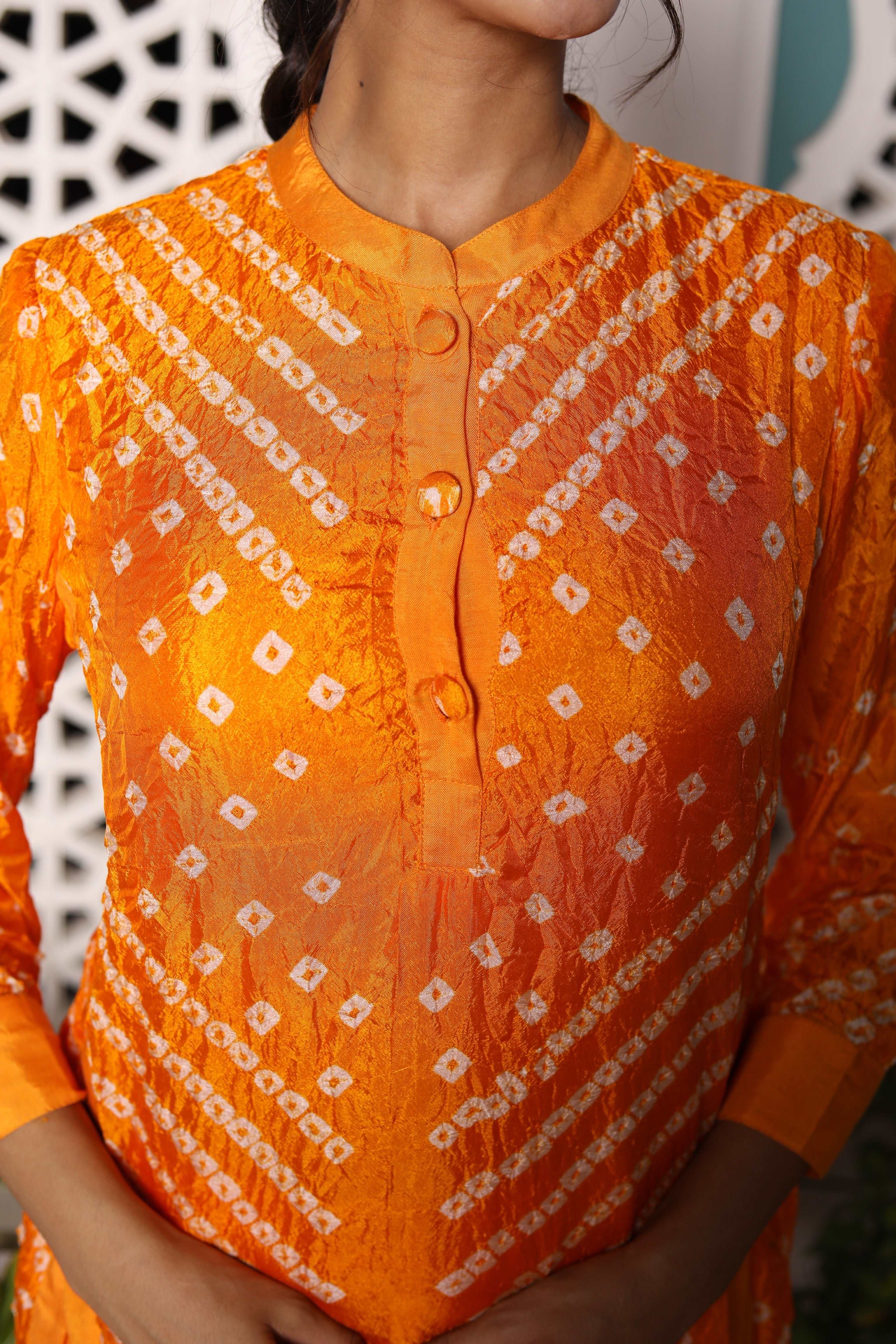 Stylish Bandhej Orange Festive Kurta Pants Set for Women - Perfect for Diwali, Weddings & Special Occasions