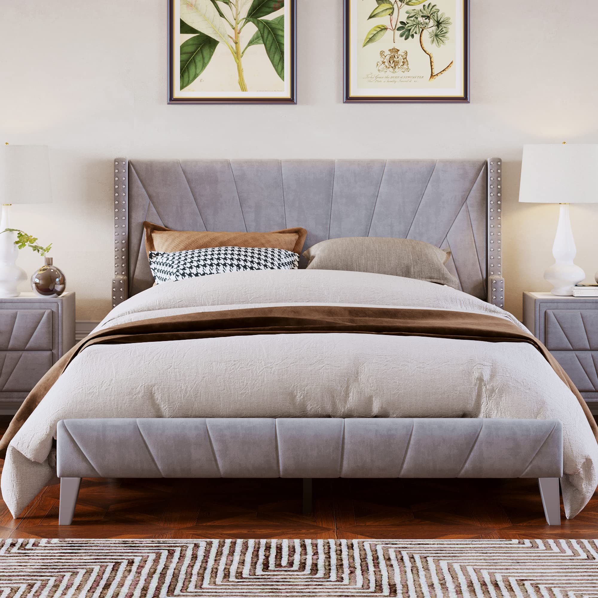 Queen Velvet Upholstered Bed Frame with Channel Tufting & Nailhead Trim - Wood Platform Bed Frame in Gray | Luxurious Bedroom Furniture for Master Suite, Guest Room & Apartment Decor