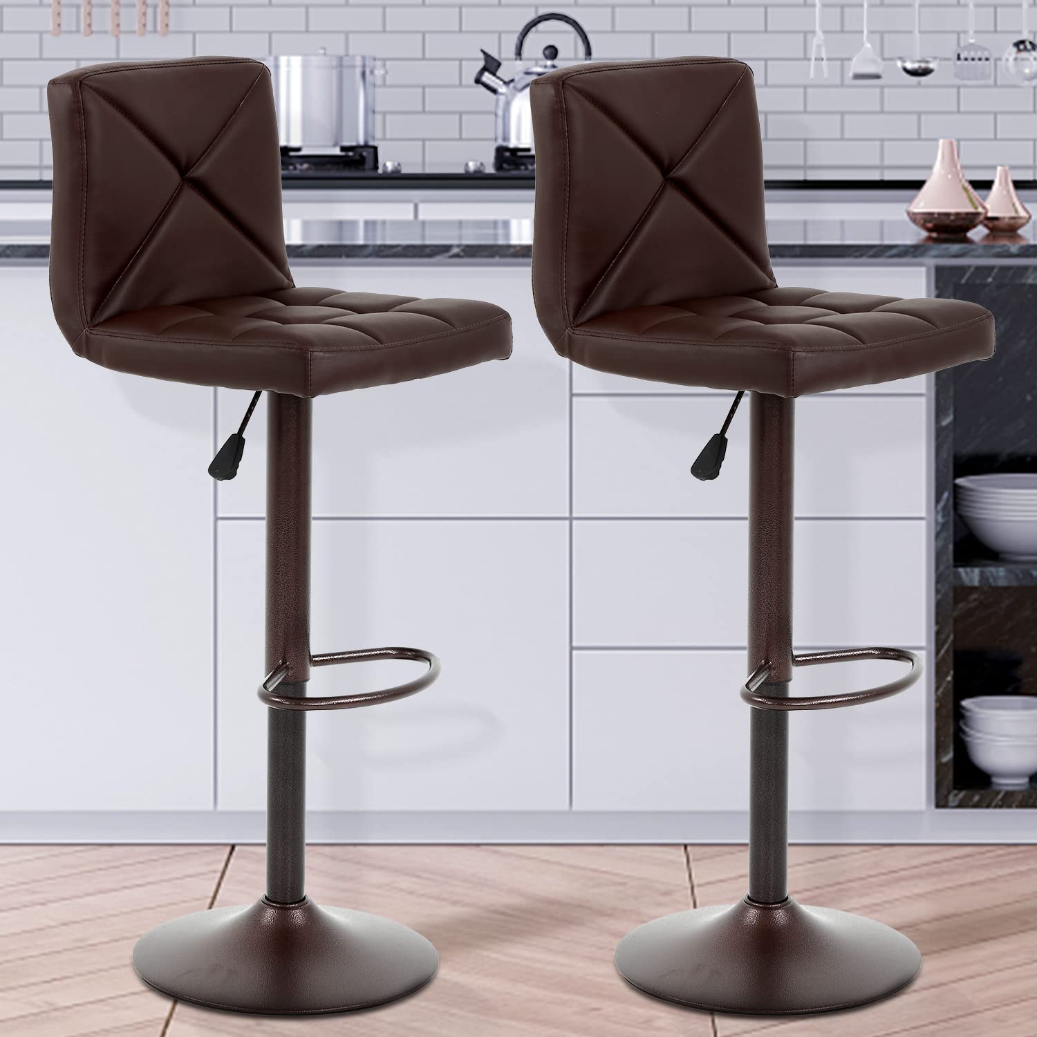 Dkelincs 2-Pack Adjustable Swivel Bar Stools with Back - Modern PU Leather Counter Height Bar Chairs in Brown - Perfect for Kitchen Islands, Home Bars & Dining Areas