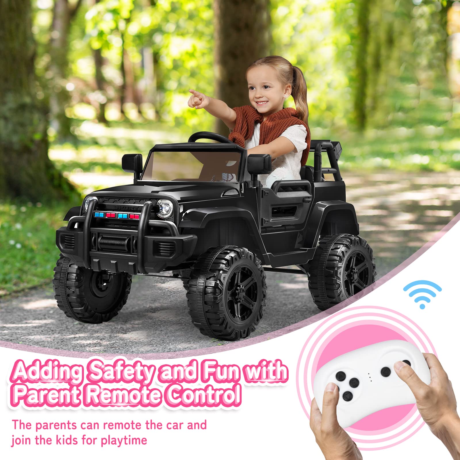 JOYMOR 12V Battery Powered Ride On Truck with Remote Control - 4 Wheels Kids Car with LED Headlights, Horn Button, MP3 Player & USB Port - Forward/Backward Function - Perfect Gift for Boys & Girls (Black) - Ideal for Indoor Play, Outdoor Driveways & Birthday Parties