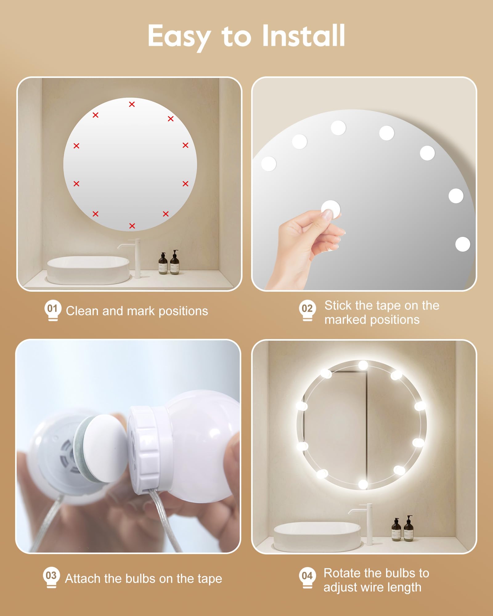 Hollywood Style LED Vanity Mirror Lights Kit - 10 Dimmable Light Bulbs for Makeup Dressing Table with Power Supply Plug-in Lighting Fixture Strip, White (No Mirror Included) - Perfect for Home Beauty Salon, Bridal Makeup Room & Professional Photography Lighting
