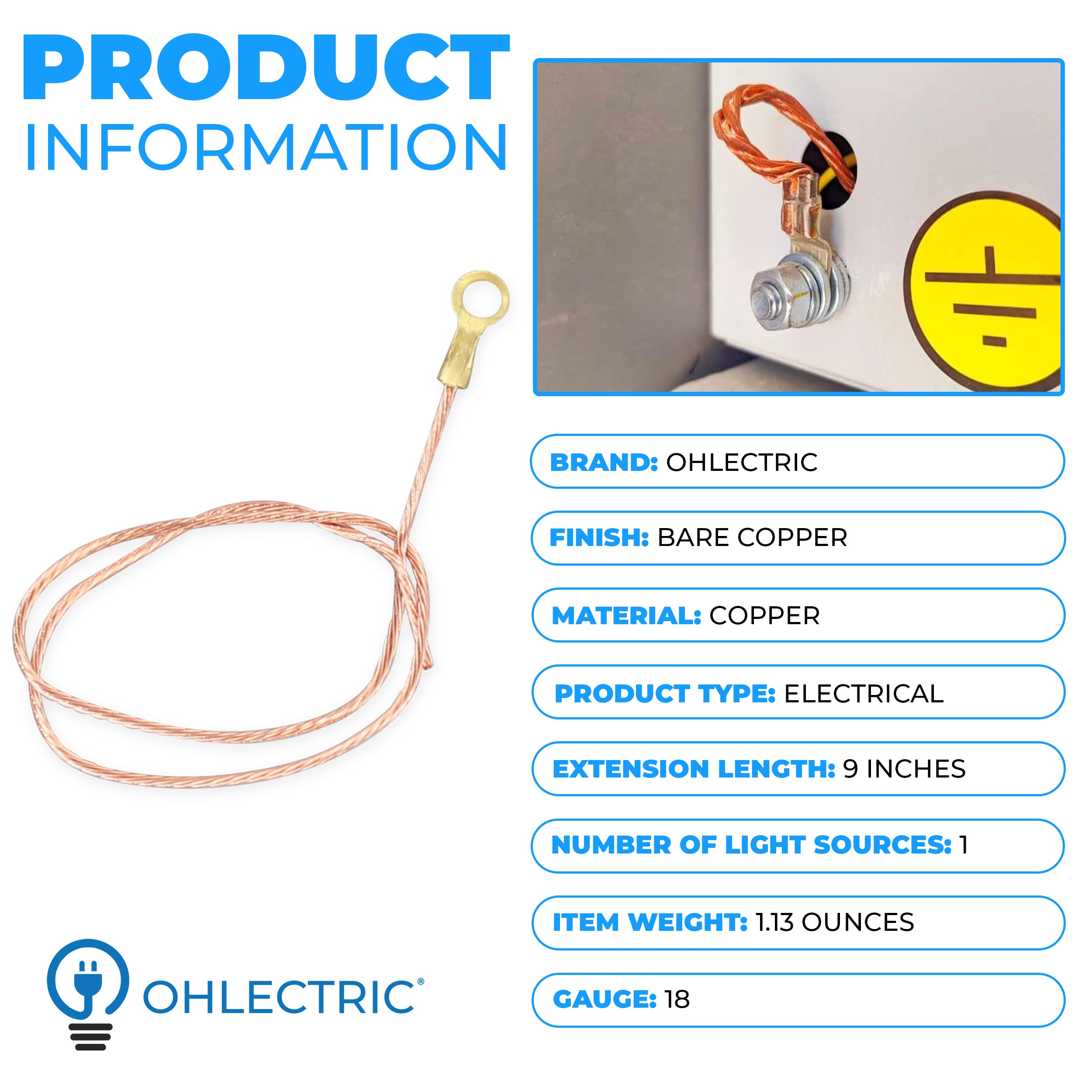 OhLectric 9 Inch Bare Copper Wire - 18 Gauge Grounding Wire with Copper Lugs - 8/32 Thread Thick Copper Connectors for Electrical Safety - Perfect for Home Wiring, DIY Projects, and Industrial Grounding Applications - OL-40502